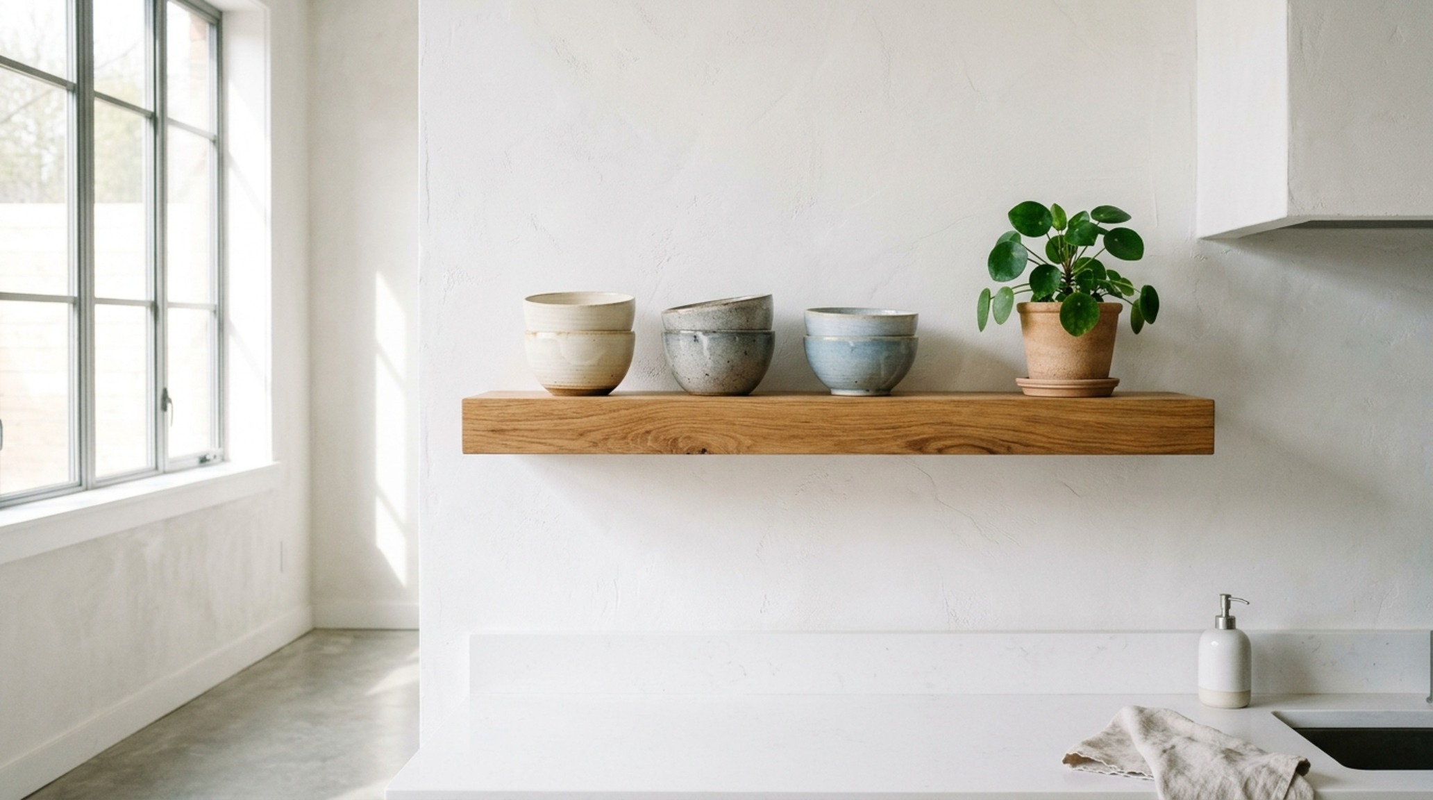 small kitchen layouts with minimalist floating shelves and limewash walls for an airy, open feel in compact footprints