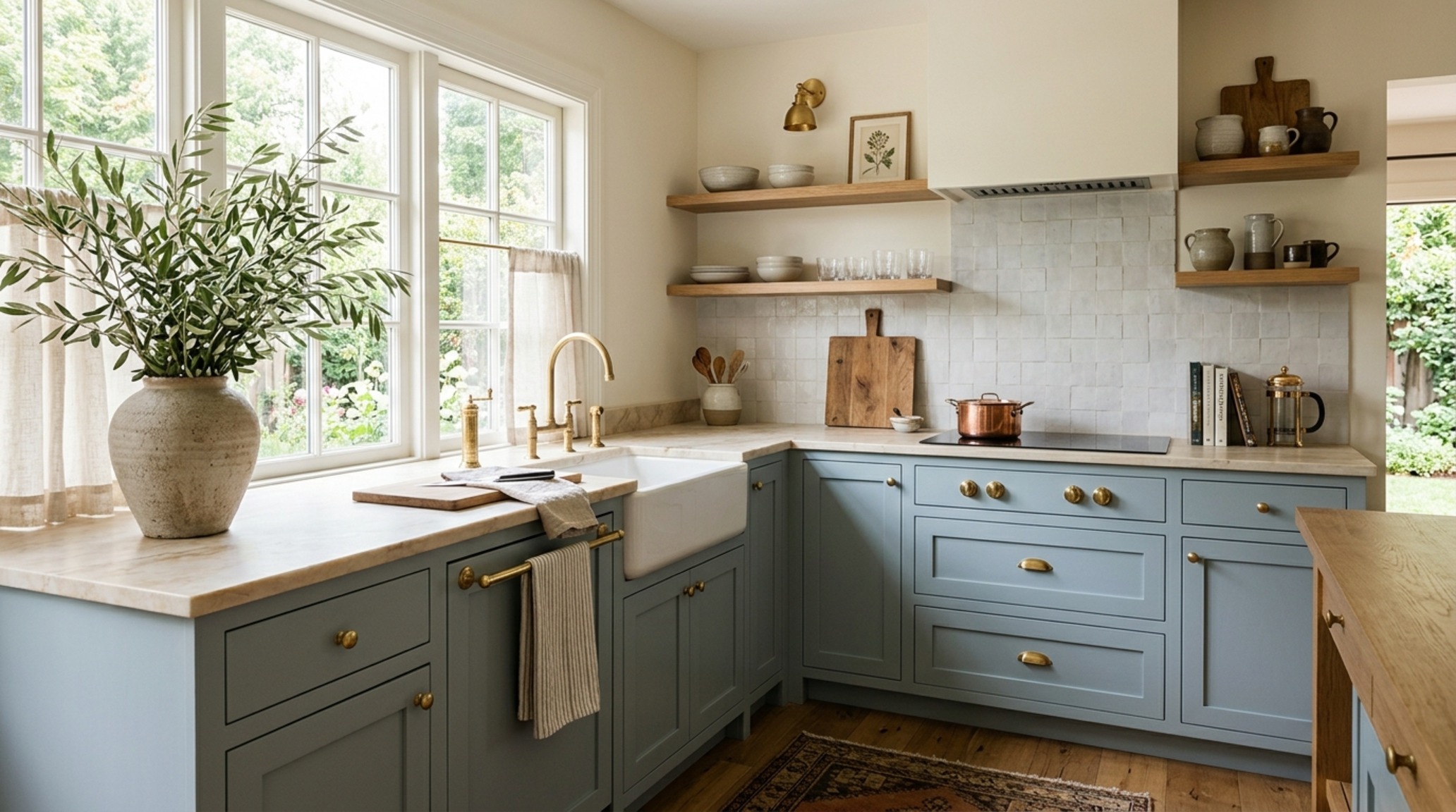 modern small l shaped kitchen design ideas with a focus on Benjamin Moore Swiss Coffee walls and a contrasting slate grey base cabinet composition.