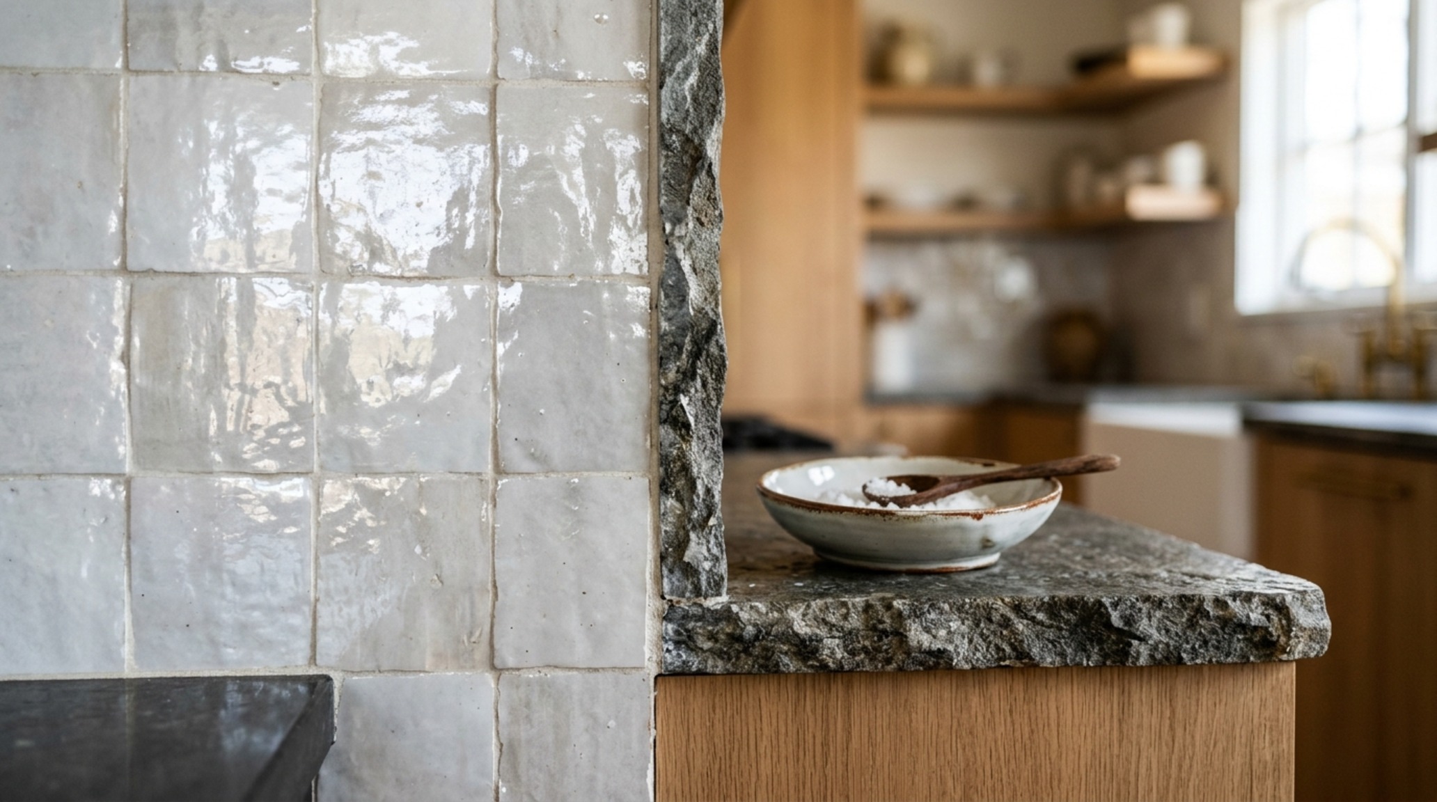 luxury small l shaped kitchen design textures highlighting hand-molded Zellige tiles and a fluted stone island edge in a compact urban footprint.