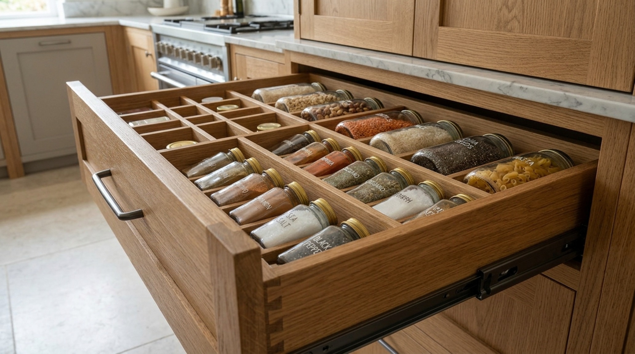 small space small kitchen layouts incorporating a hidden pull-out larder and custom oak drawer organizers for maximum efficiency