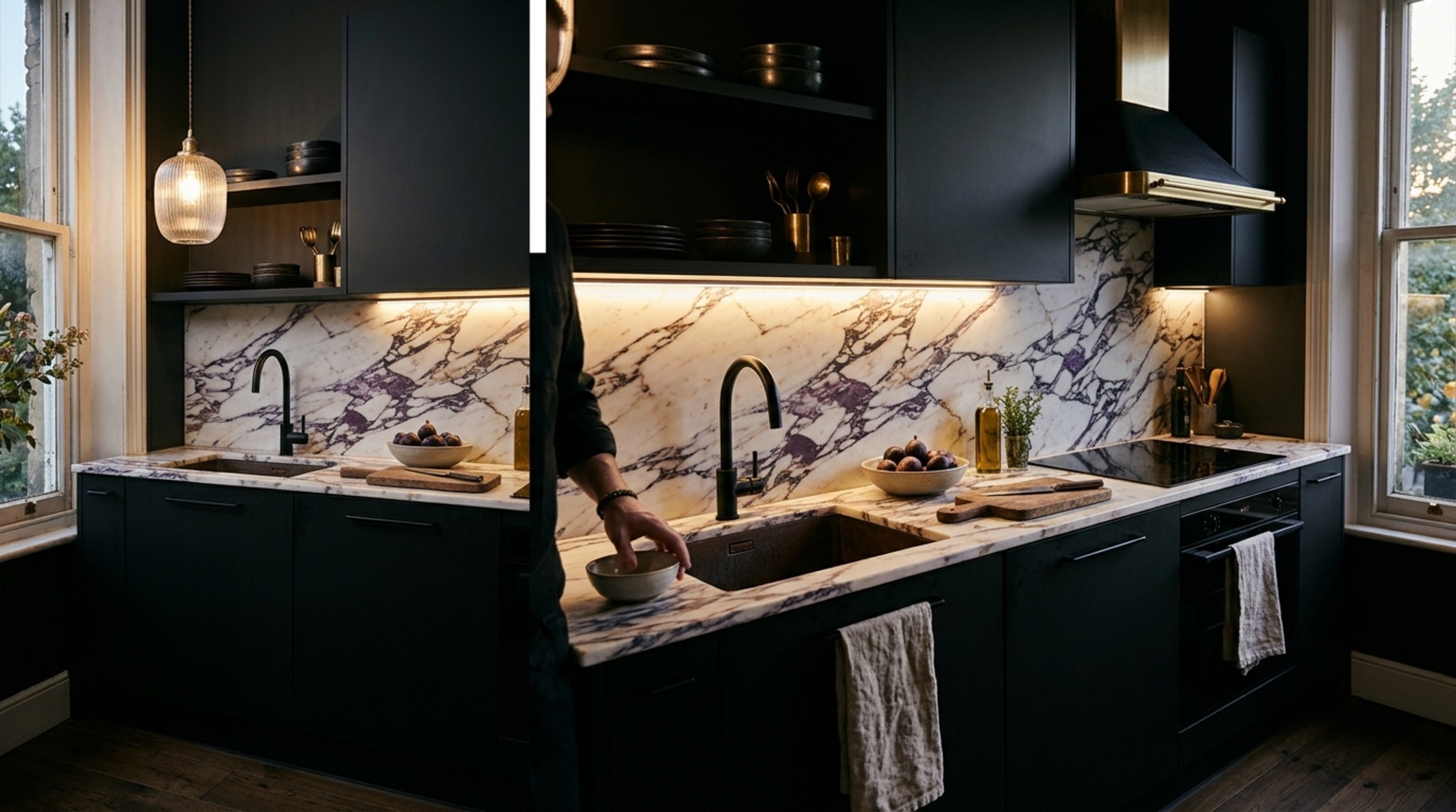 luxury small kitchen layouts textures featuring a Calacatta marble slab backsplash and dark charcoal perimeter cabinets