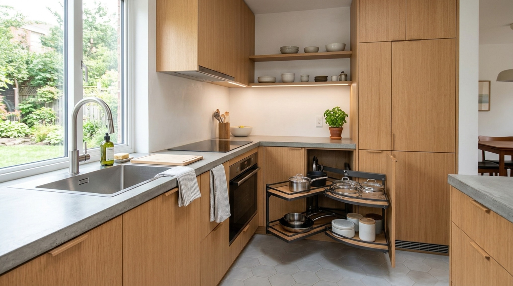 small space small l shaped kitchen design featuring a 36-inch walkway clearance and a compact integrated induction cooktop for streamlined flow.