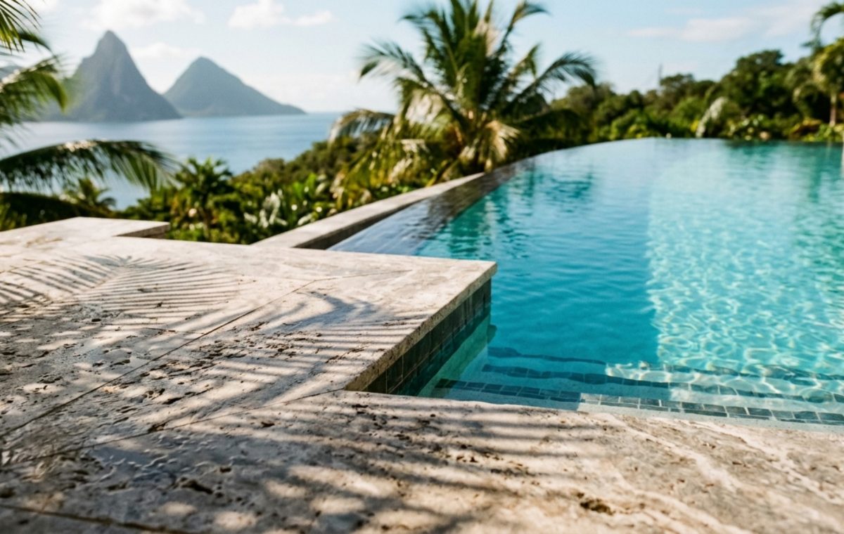 luxury st lucia infinity pool hotel textures featuring honed silver travertine pool coping meeting a matte volcanic stone wall under soft morning sunlight