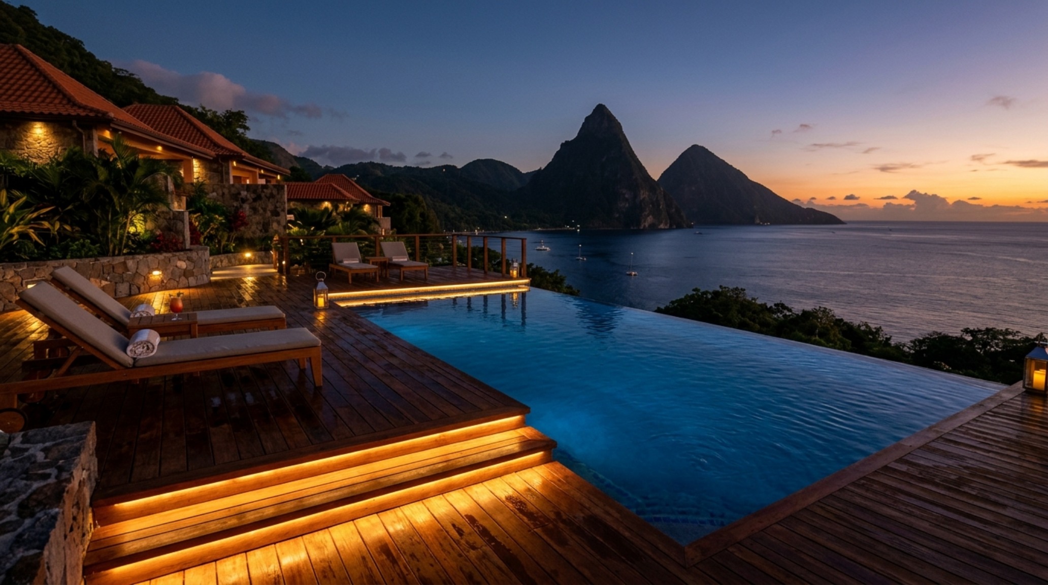 st lucia infinity pool hotel lighting guide illustrating the use of 2700K warm LED strips concealed beneath ipe wood deck steps at dusk st lucia infinity pool hotel lighting guide illustrating the use of 2700K warm LED strips concealed beneath ipe wood deck steps at dusk