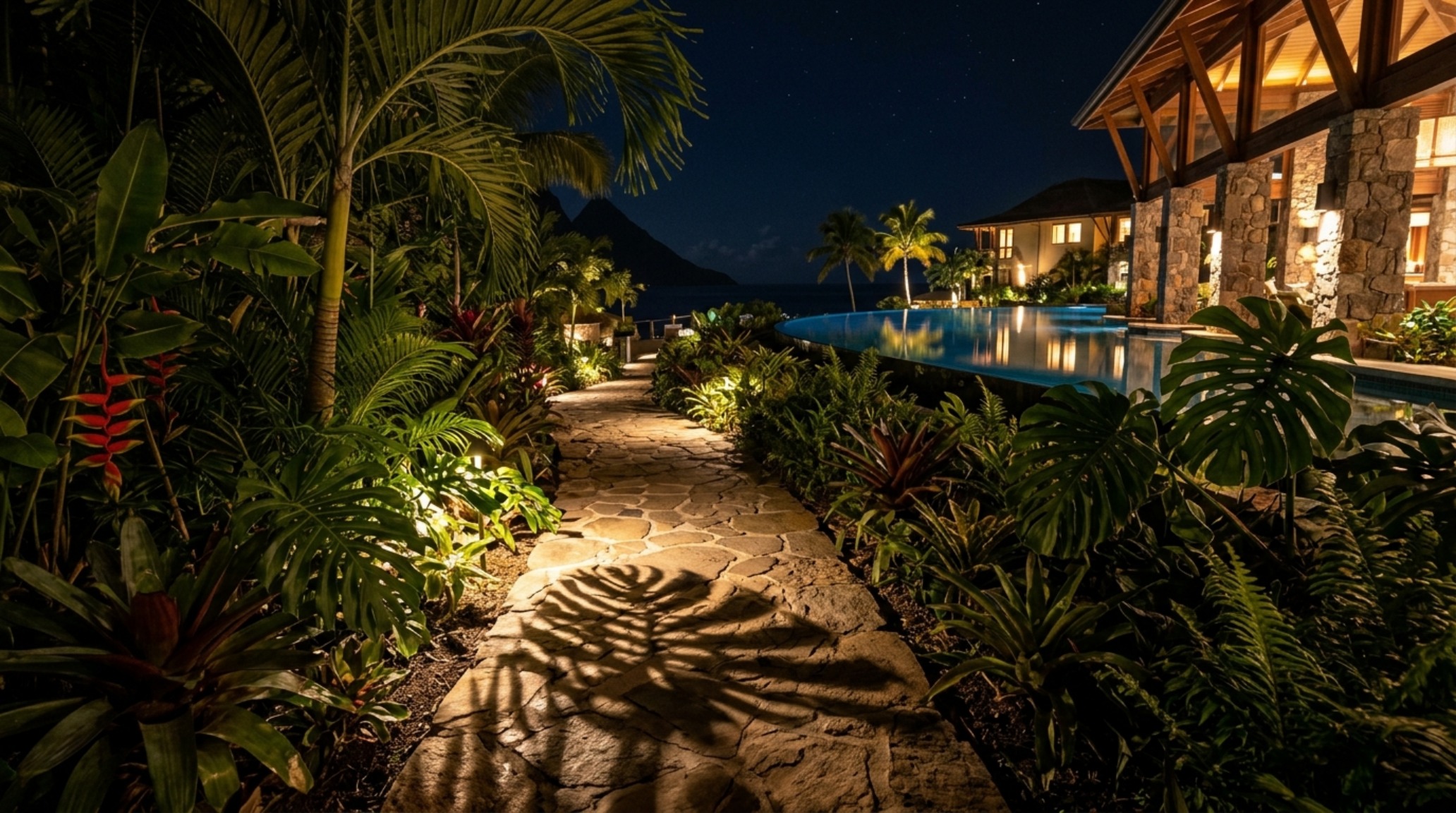 st lucia infinity pool hotel lighting guide showing the dramatic effect of high CRI 92+ spotlights on lush tropical flora surrounding a stone path st lucia infinity pool hotel lighting guide showing the dramatic effect of high CRI 92+ spotlights on lush tropical flora surrounding a stone path