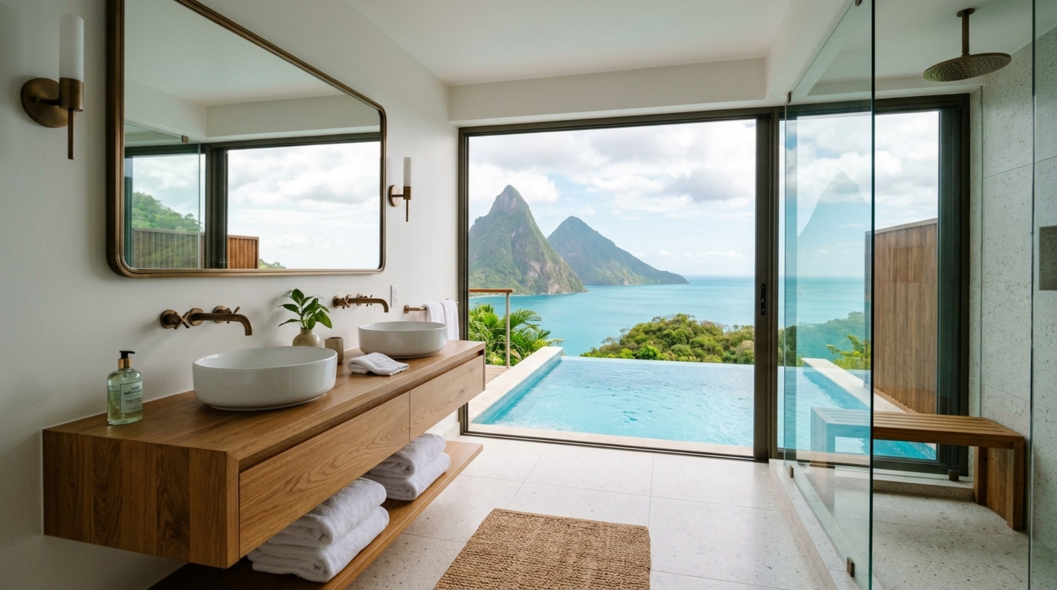 small space st lucia infinity pool hotel bathroom layout with a floating white oak vanity and a floor-to-ceiling glass window facing the sea small space st lucia infinity pool hotel bathroom layout with a floating white oak vanity and a floor-to-ceiling glass window facing the sea