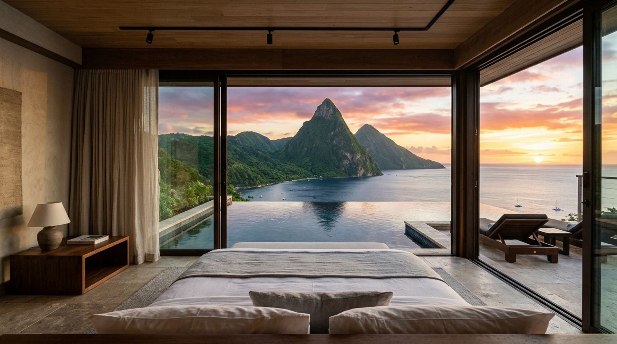 st lucia infinity pool hotel primary suite with architectural sightlines leading from a low-slung platform bed directly to the horizon line of the pool st lucia infinity pool hotel primary suite with architectural sightlines leading from a low-slung platform bed directly to the horizon line of the pool