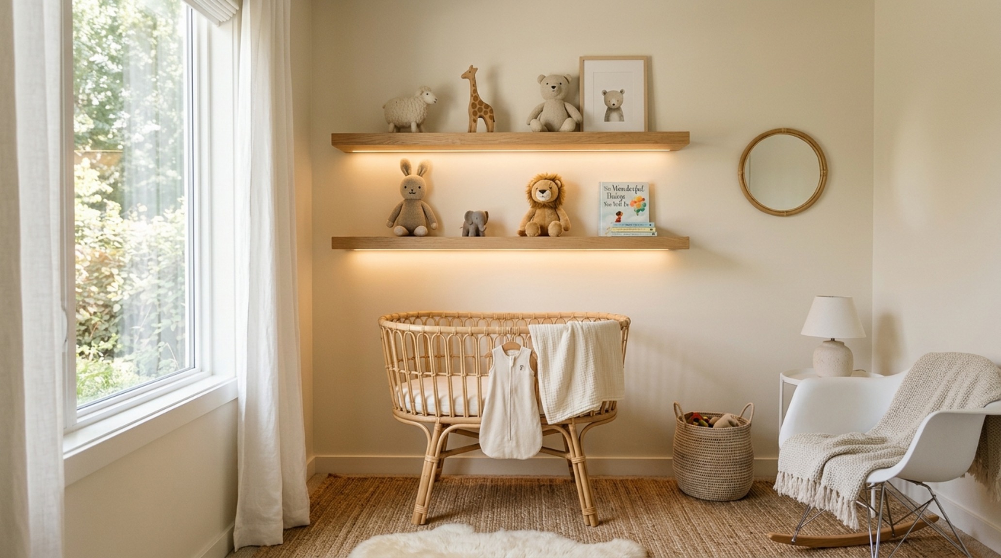 Modern stuffed animal storage decor ideas featuring custom white oak floating shelves with integrated 2700K LED backlighting and curated plush toys.