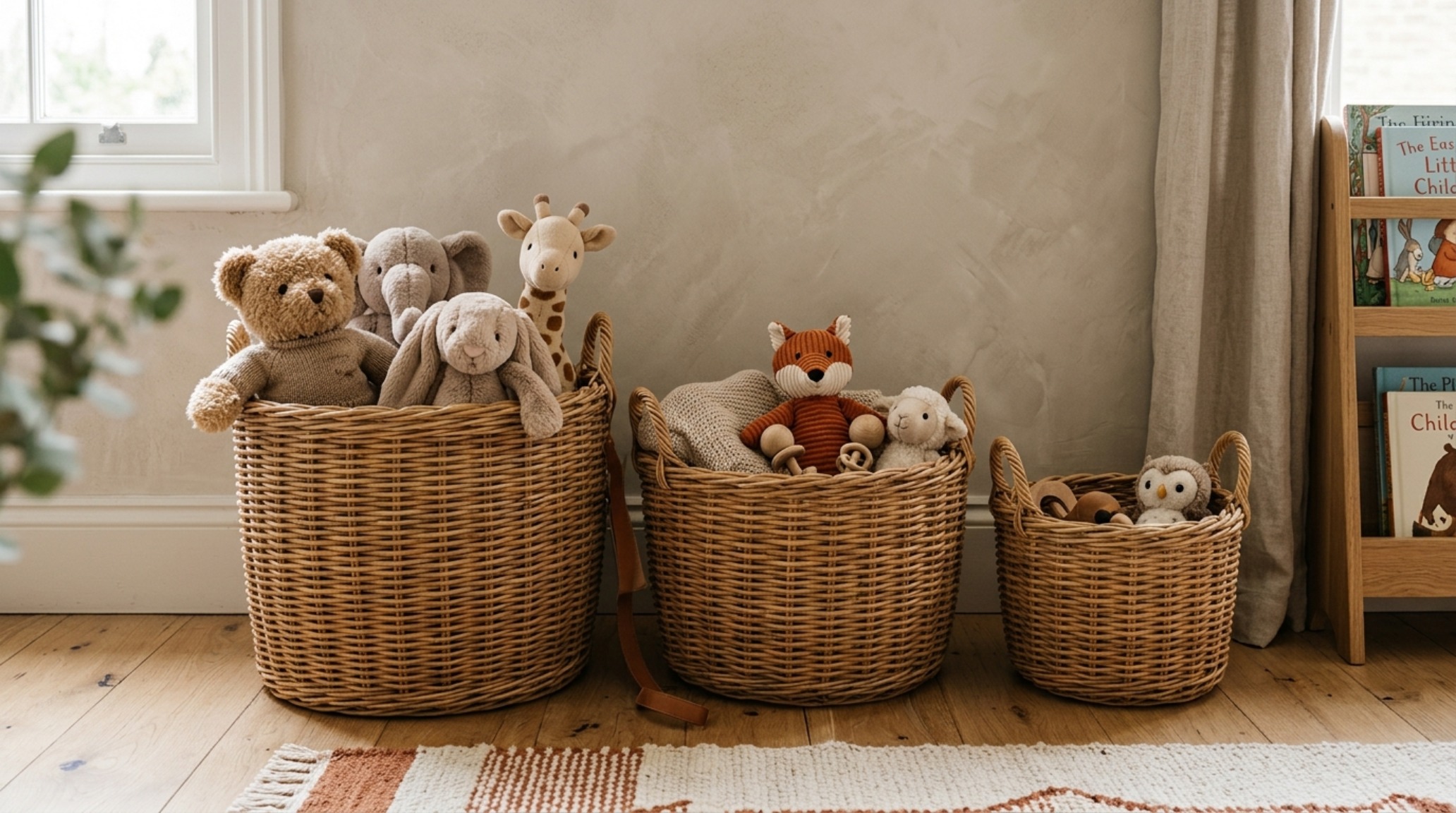 Hand-woven rattan baskets arranged for stuffed animal storage decor ideas against a textured limewash wall in a neutral-toned nursery.