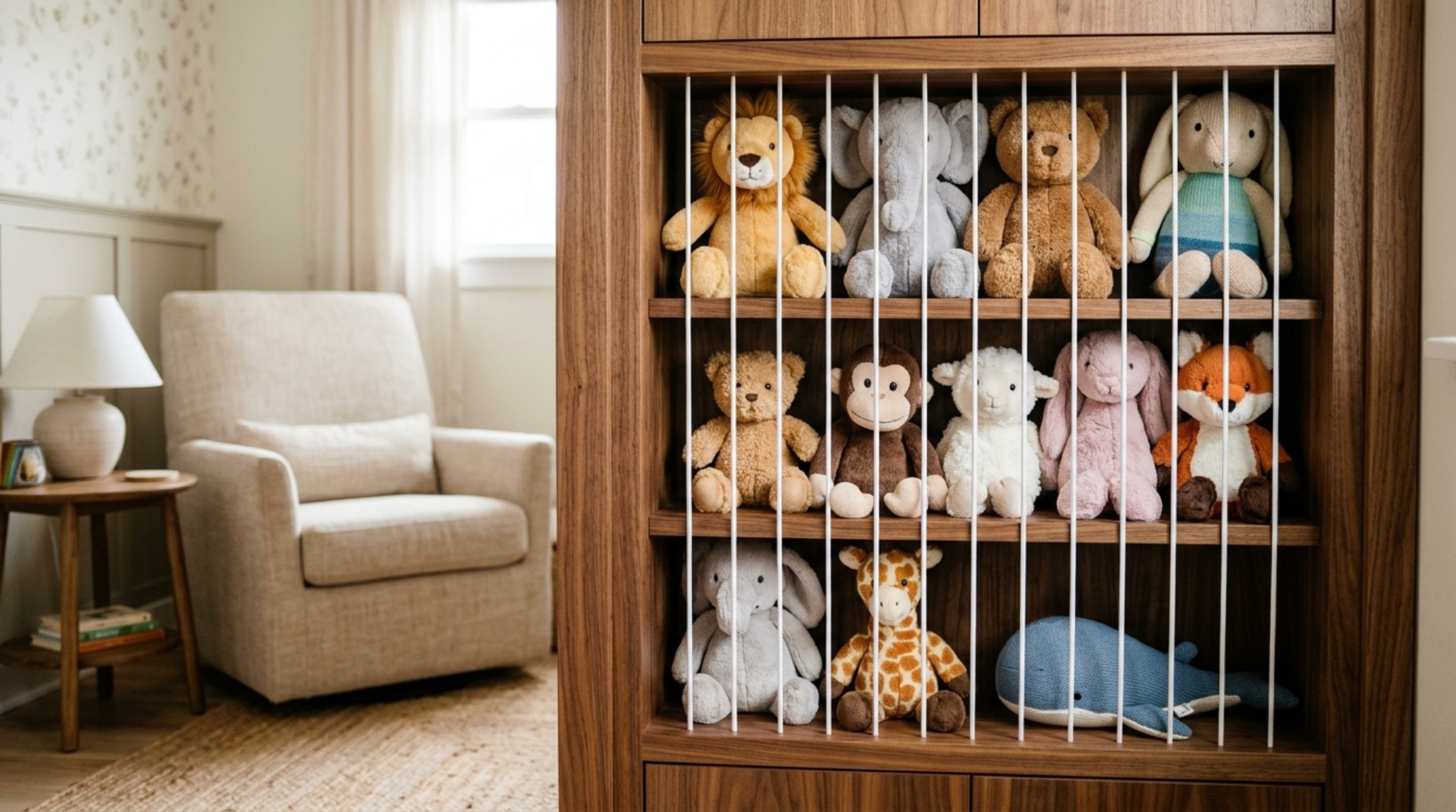 Minimalist stuffed animal storage decor ideas architecture showing a floor-to-ceiling 'zoo' made of high-tension cords and a matte walnut frame.
