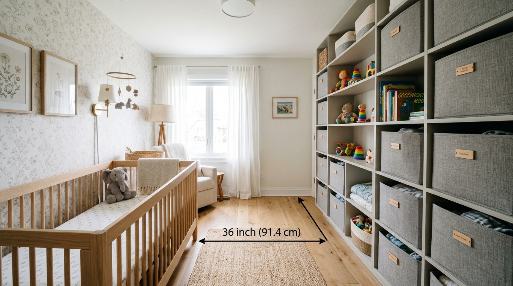 Ergonomic stuffed animal storage decor ideas layout in a small apartment nursery with 36-inch walkway clearances and vertical shelving.