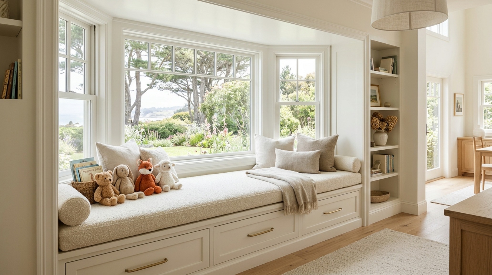 Luxury stuffed animal storage decor ideas featuring a built-in window seat with linen-lined drawers and brushed brass hardware.