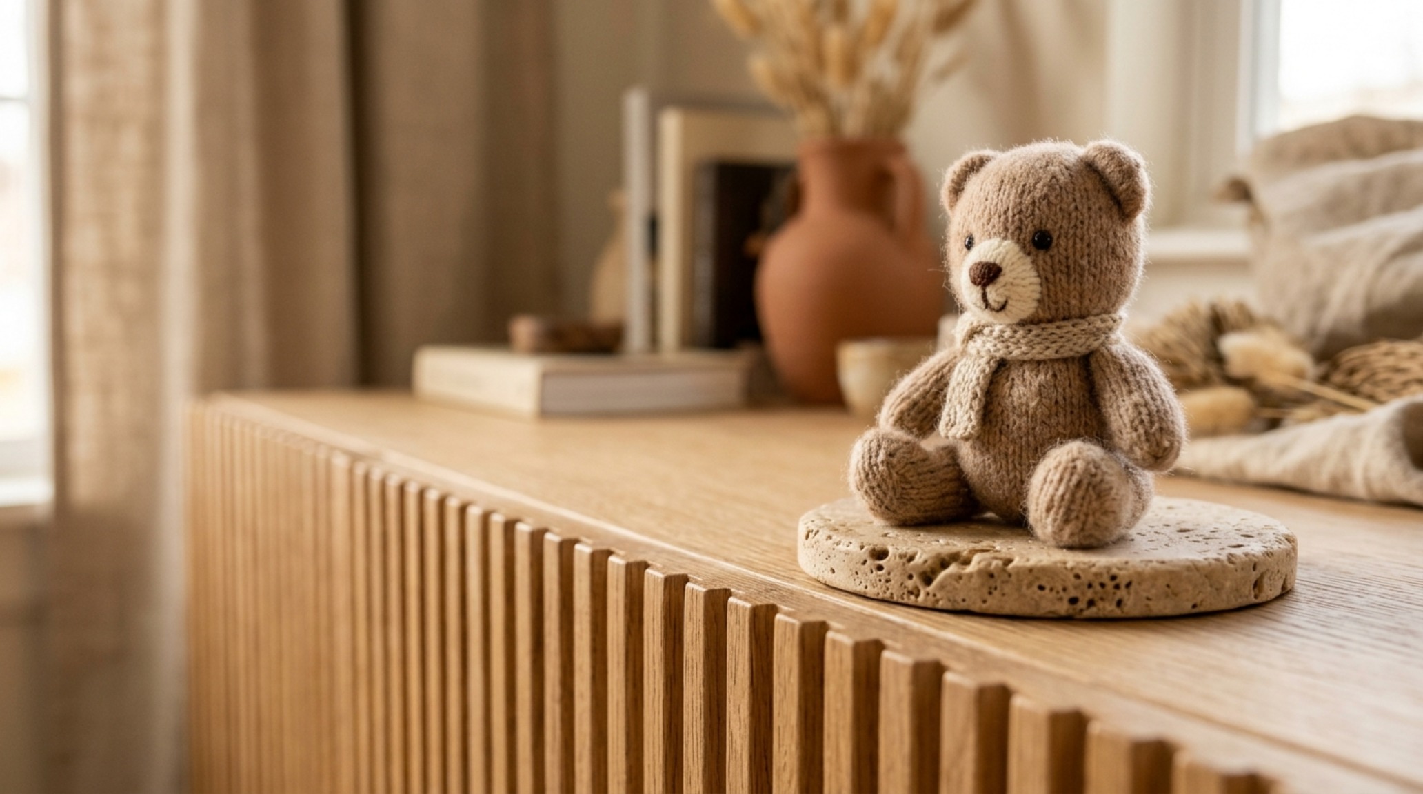 Detail shot of a fluted white oak storage cabinet with a honed travertine top, showcasing high-end stuffed animal storage decor ideas textures.