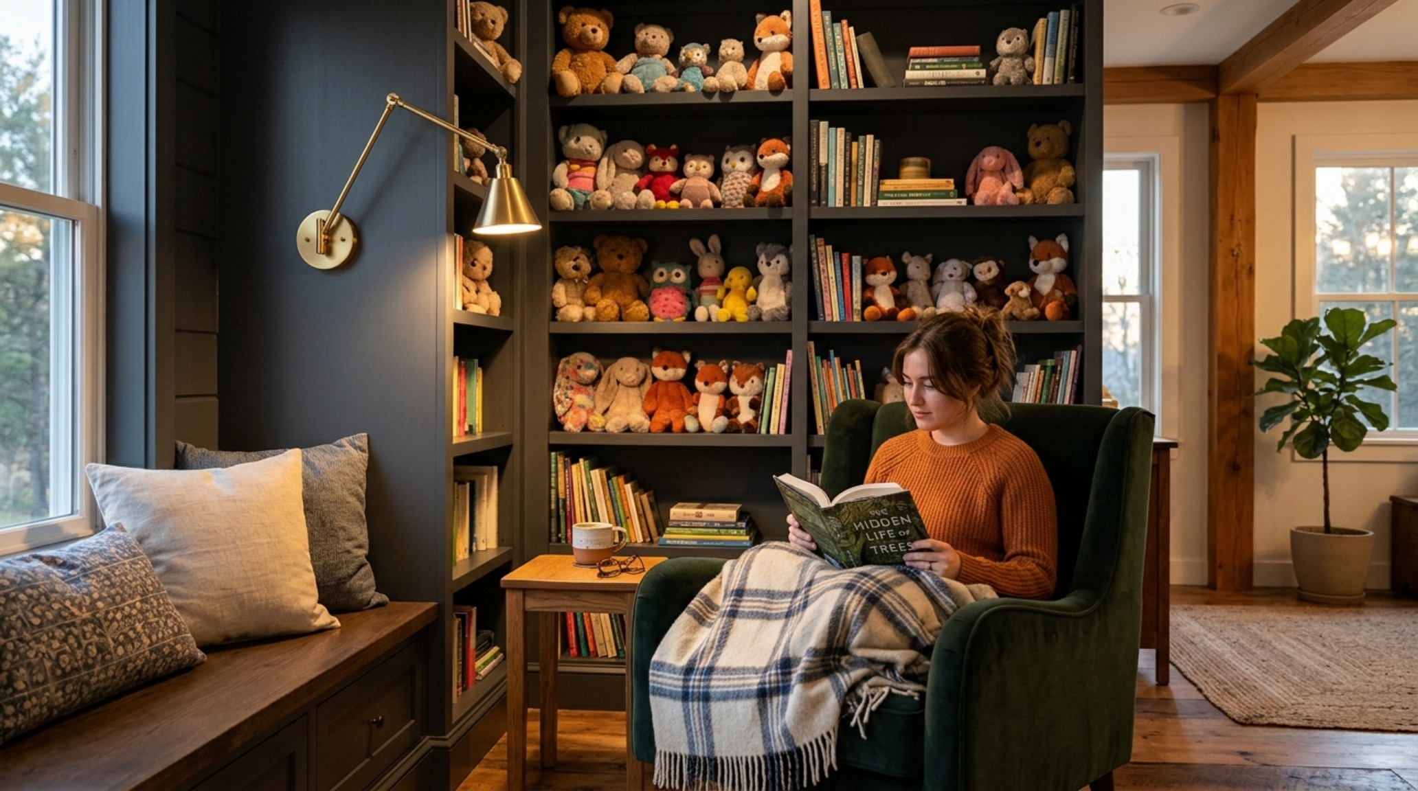 A sophisticated nursery nook utilizing stuffed animal storage decor ideas lighting guide principles with a 2700K wall sconce and soft shadows.