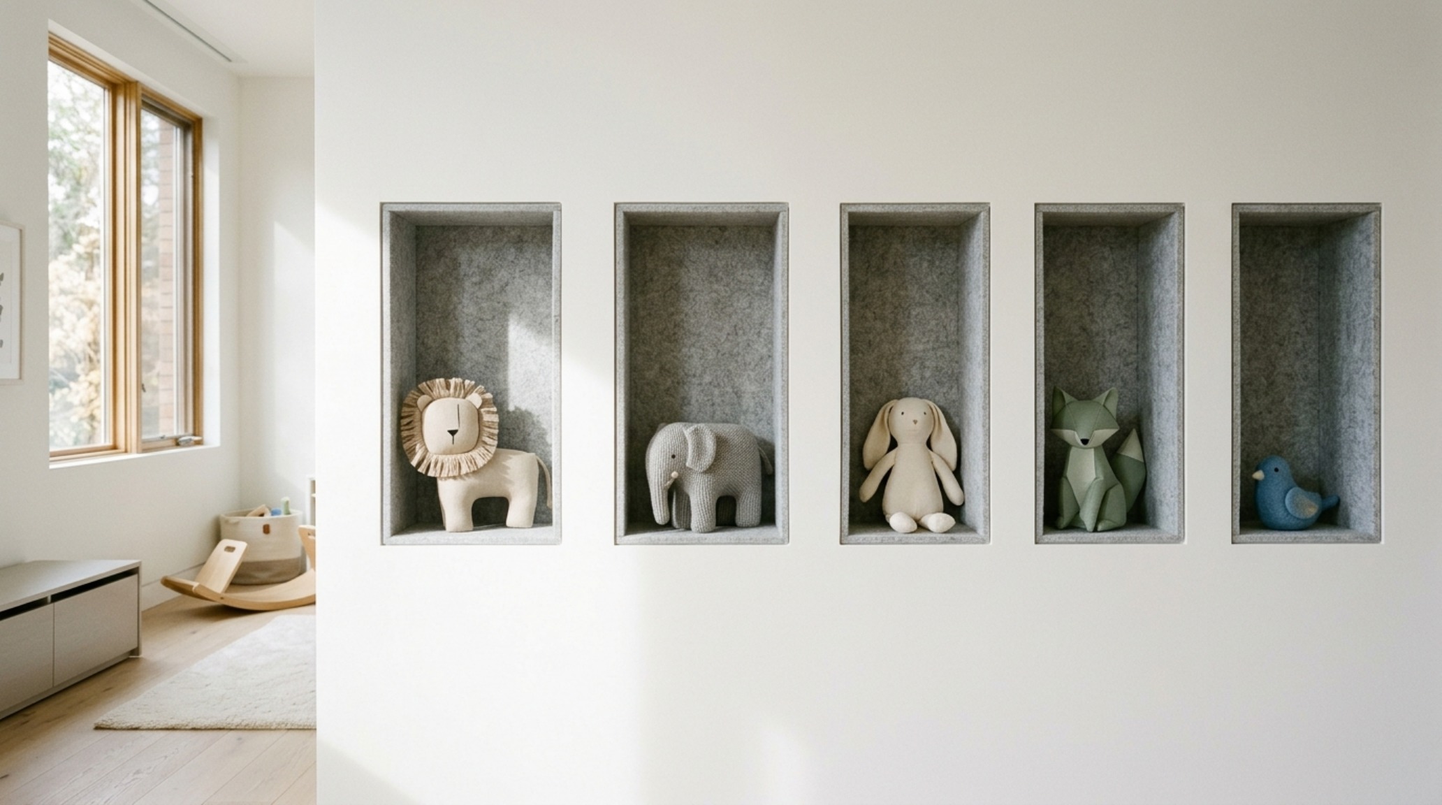 Modern stuffed animal storage decor ideas for small spaces featuring recessed wall niches painted in Farrow and Ball Setting Plaster.