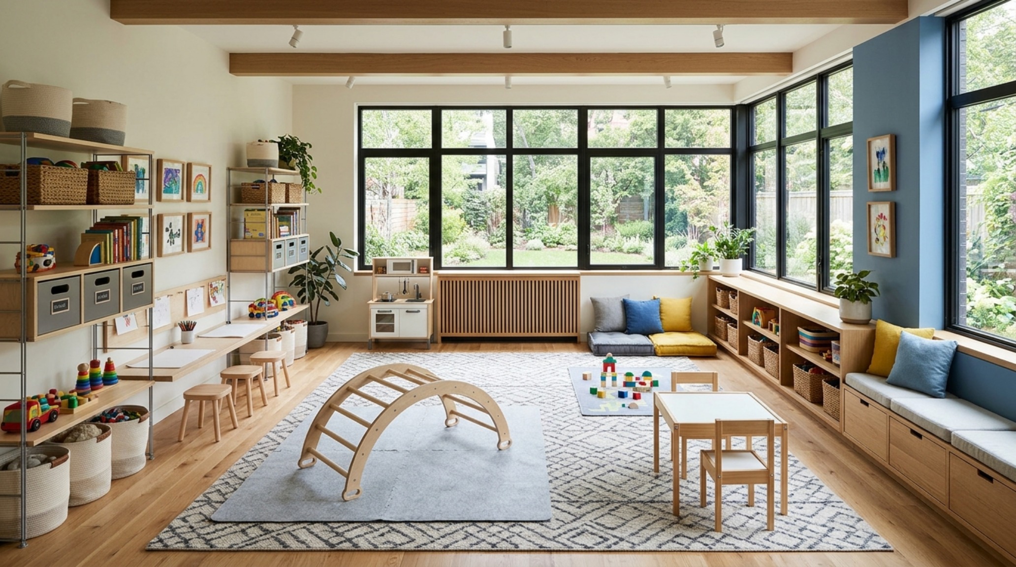 Architectural view of a playroom showing the spatial cadence and sightline alignment of integrated stuffed animal storage decor ideas.