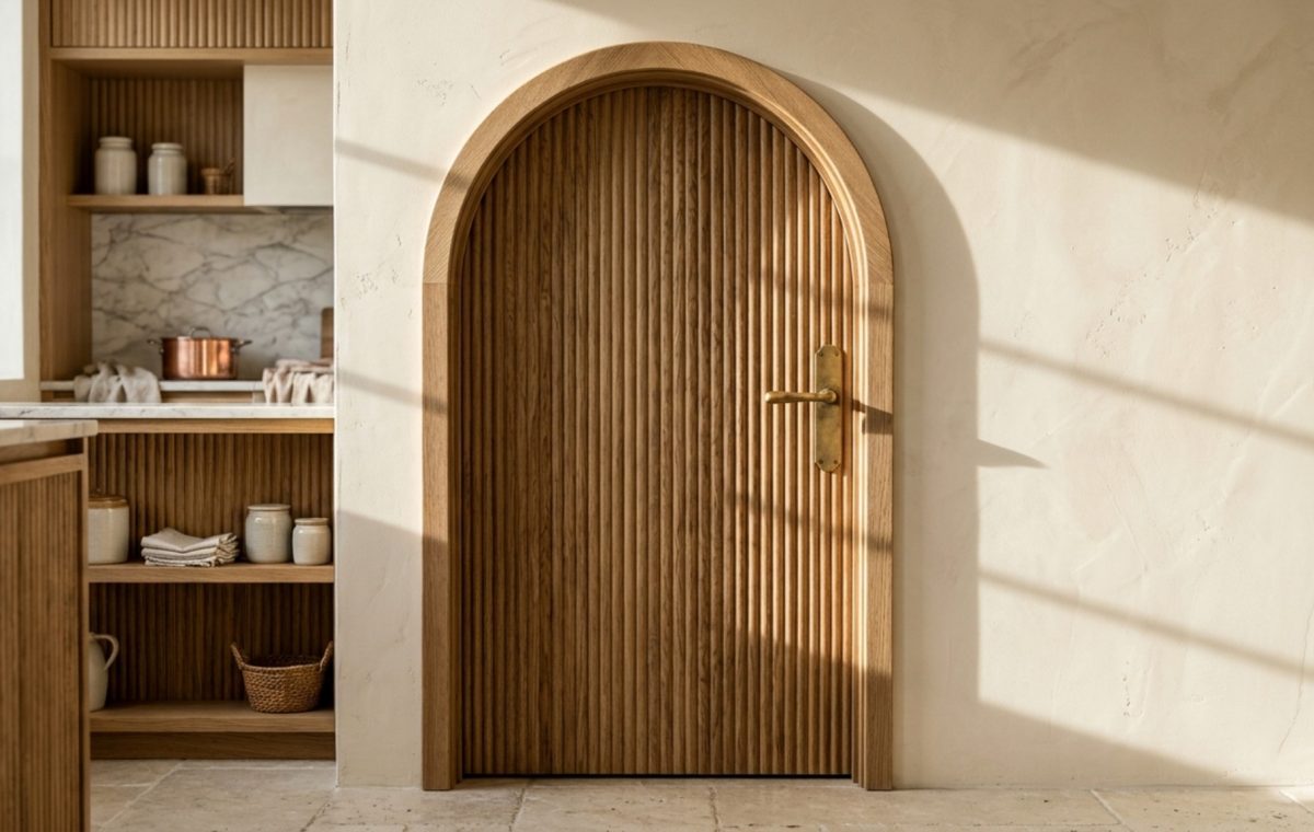 A stylish pantry door made of fluted white oak with an arched frame and unlacquered brass handle, showcasing small pantry organization ideas architecture and warm directional sunlight.
