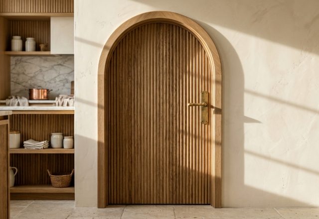 A stylish pantry door made of fluted white oak with an arched frame and unlacquered brass handle, showcasing small pantry organization ideas architecture and warm directional sunlight.