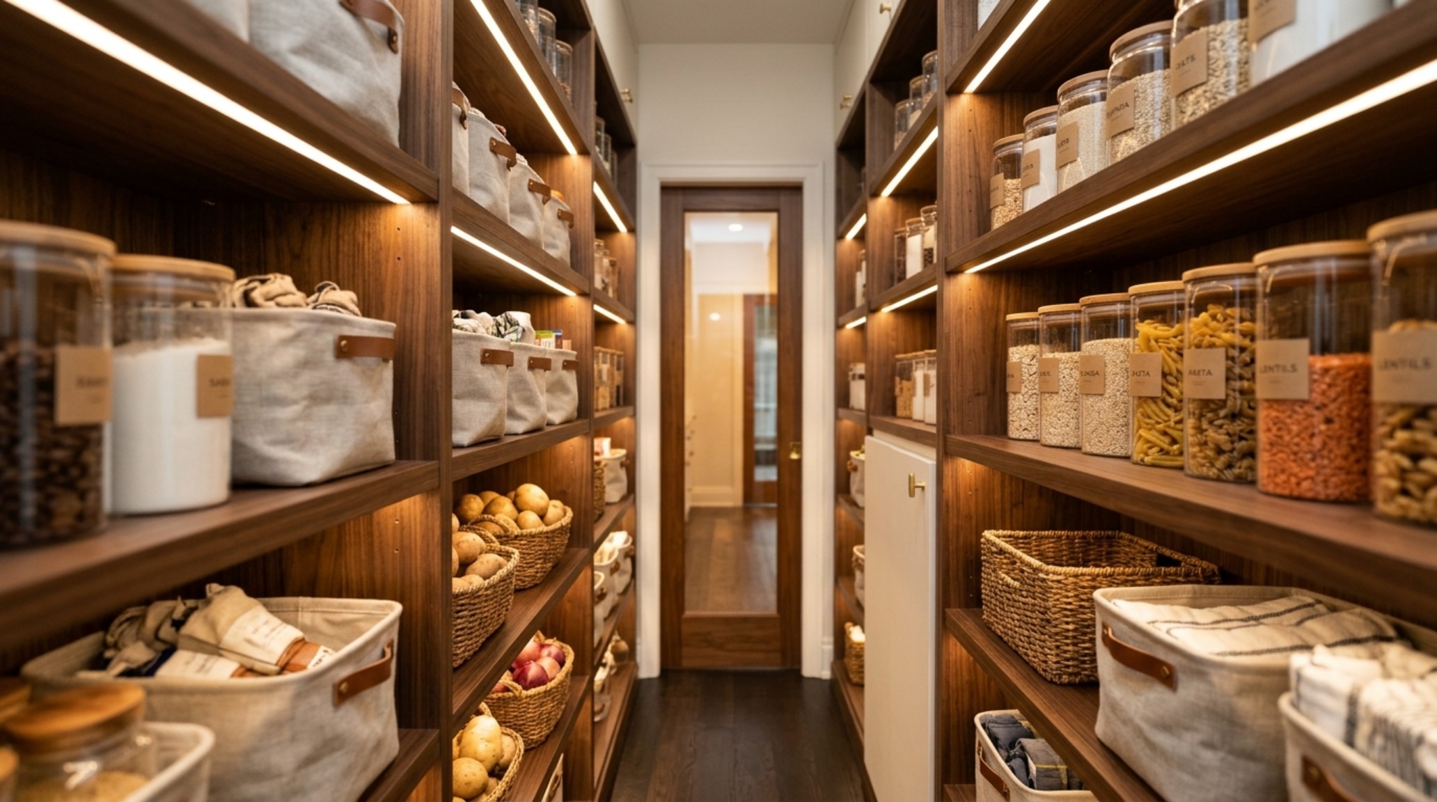 Interior view of a luxury pantry with 14-inch deep walnut shelving, integrated 2700K LED lighting, and small pantry organization ideas layout featuring uniform glass jars.