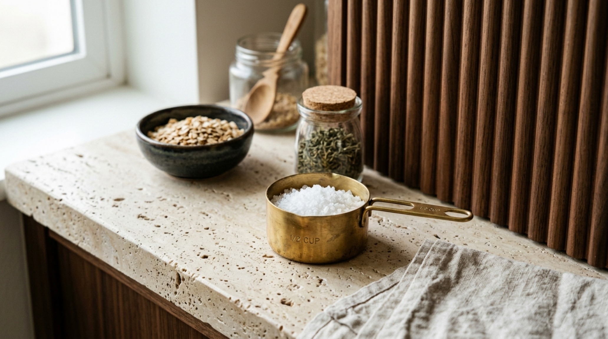 Close-up of tactile materials in a pantry including honed travertine backsplashes, micro-cement walls, and small pantry organization ideas ergonomics through accessible pull-out drawers.