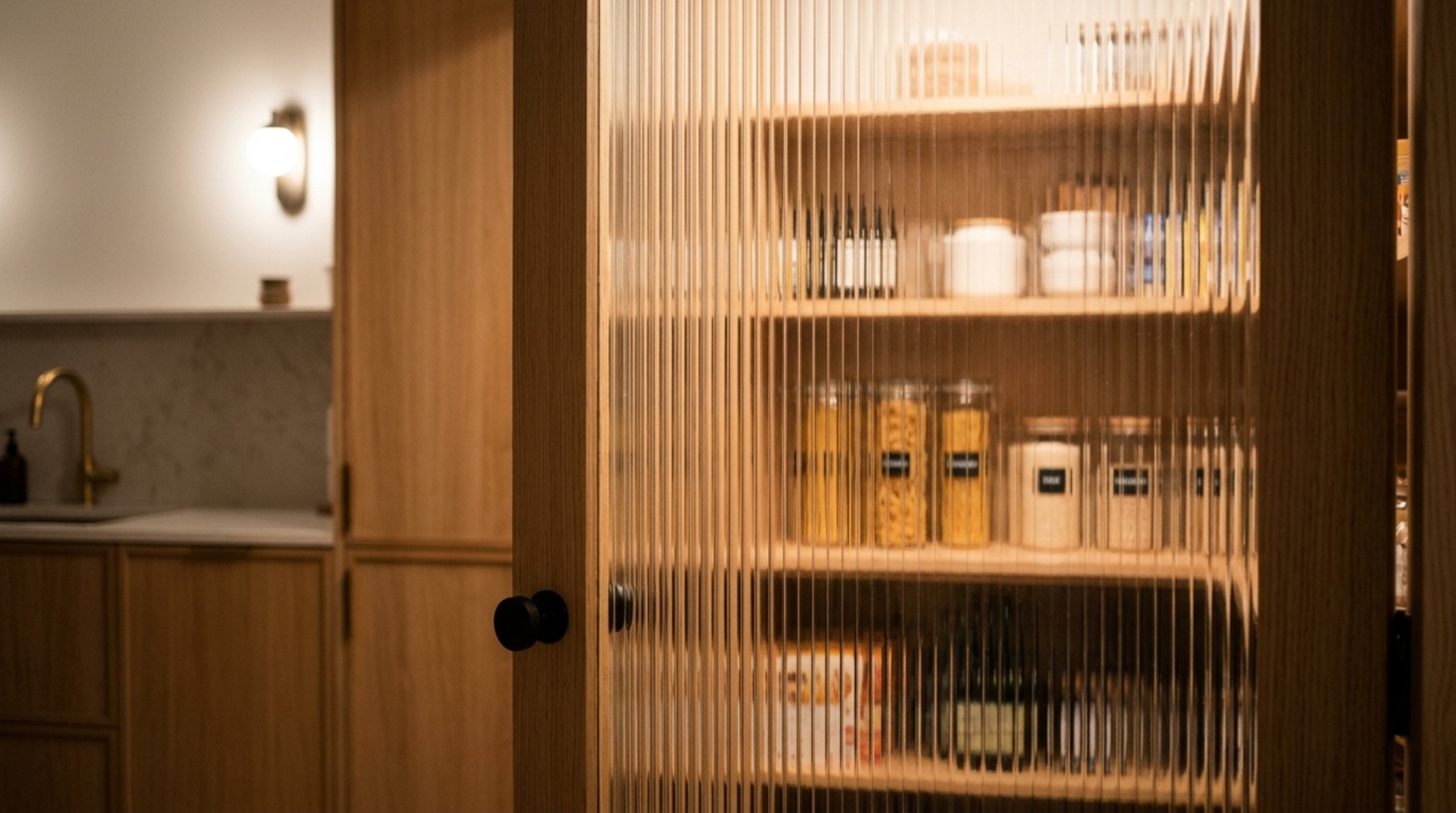 A modern pantry portal with a reeded glass stylish pantry door, illustrating small pantry organization ideas lighting guide with soft diffused shadows on a limestone floor.