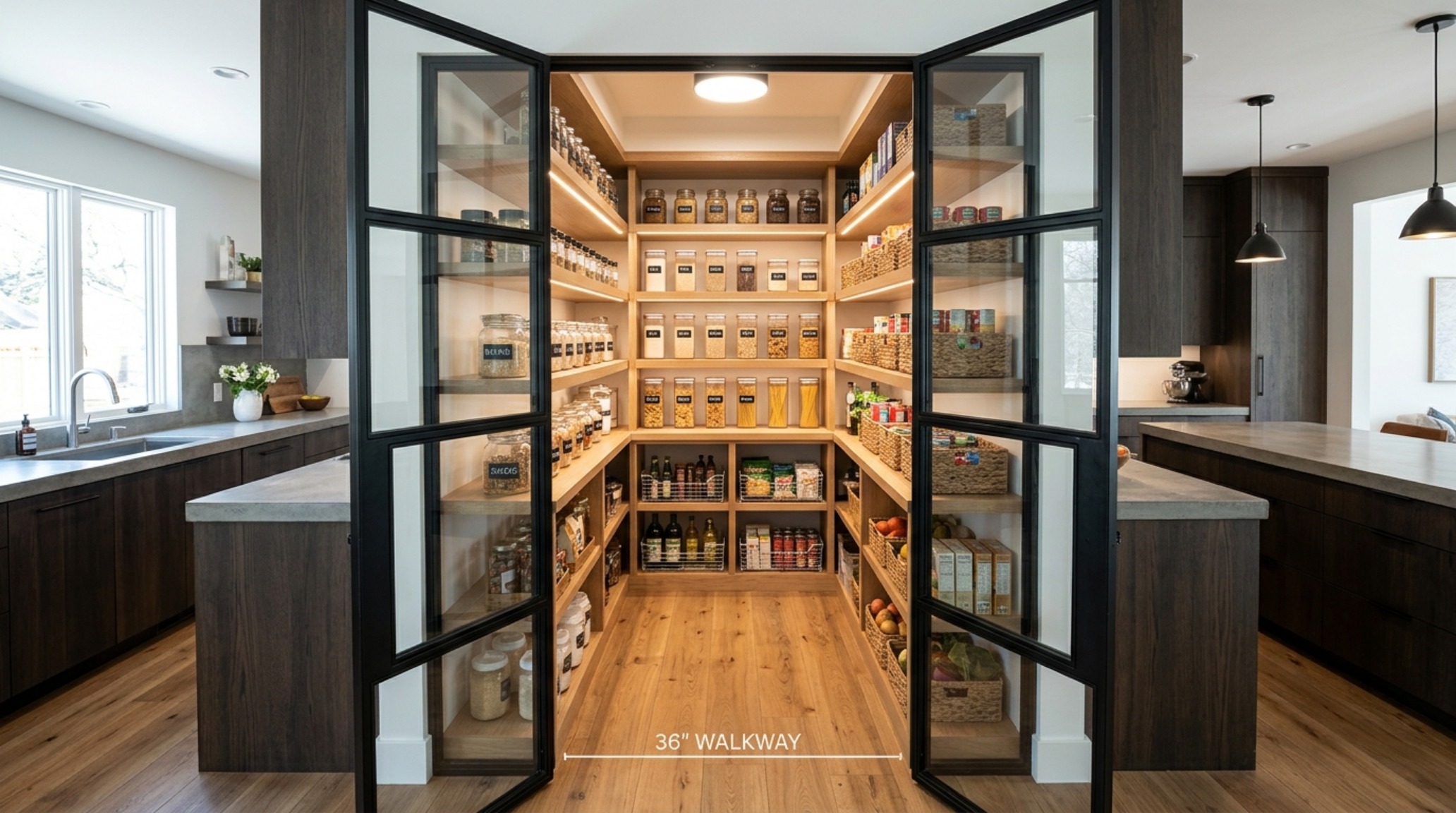 An editorial shot of a compact urban kitchen featuring a bifold stylish pantry door that maximizes 36-inch walkway clearances and small pantry organization ideas layout efficiency.