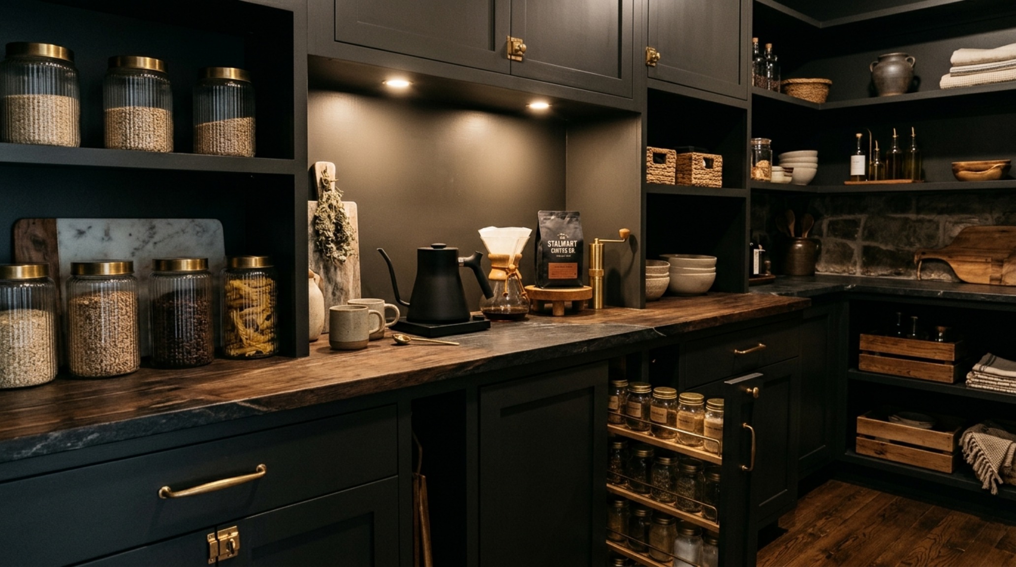 A minimalist pantry interior using Benjamin Moore Swiss Coffee paint, showcasing modern small pantry organization ideas with vertical spice racks and high-CRI lighting.