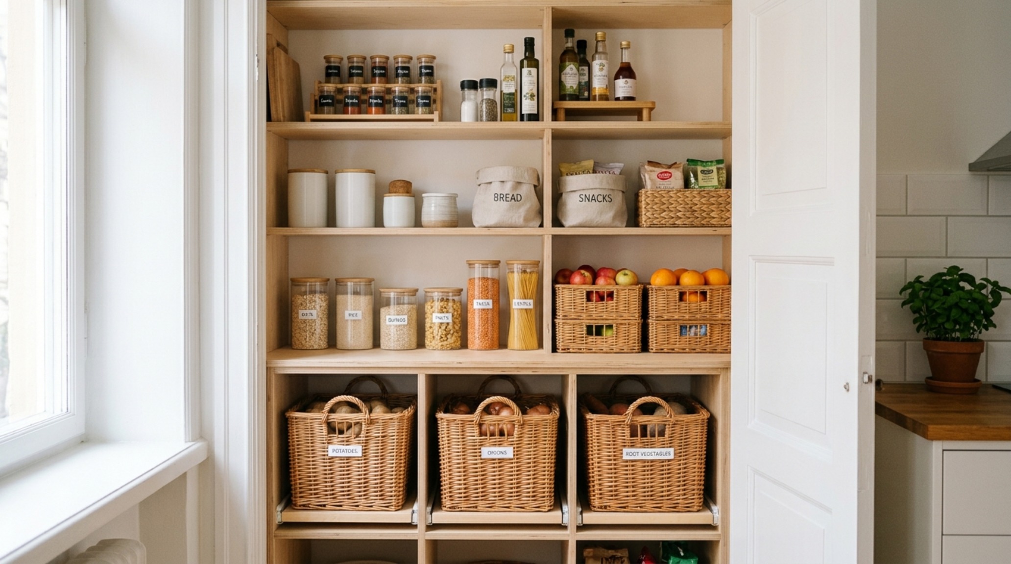 Detailed view of unlacquered brass hardware on a navy blue stylish pantry door, highlighting luxury small pantry organization ideas textures and artisanal craftsmanship.