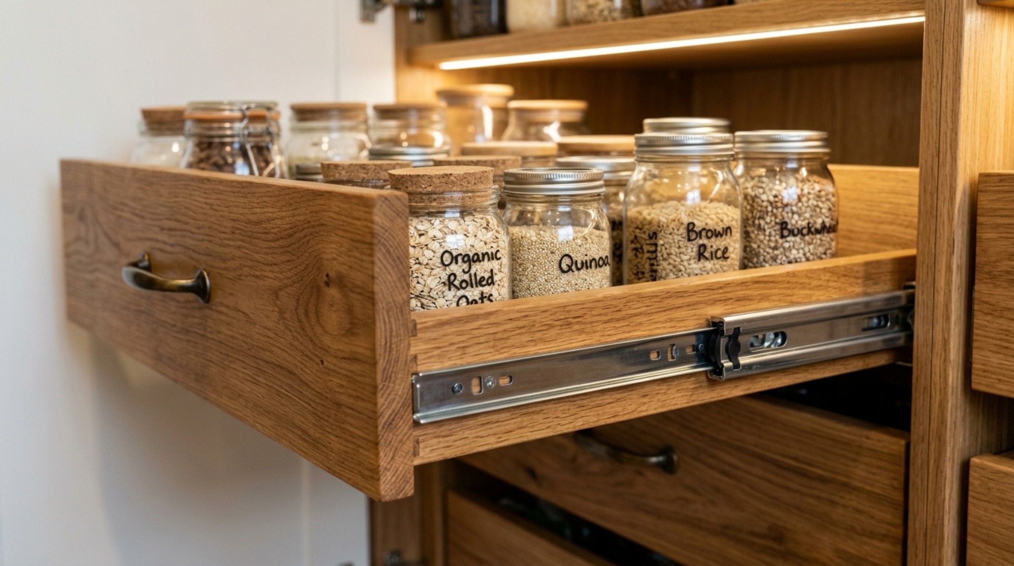 A serene pantry corner with open shelving, hand-thrown ceramics, and small pantry organization ideas architecture that prioritizes negative space and visual breathing room.