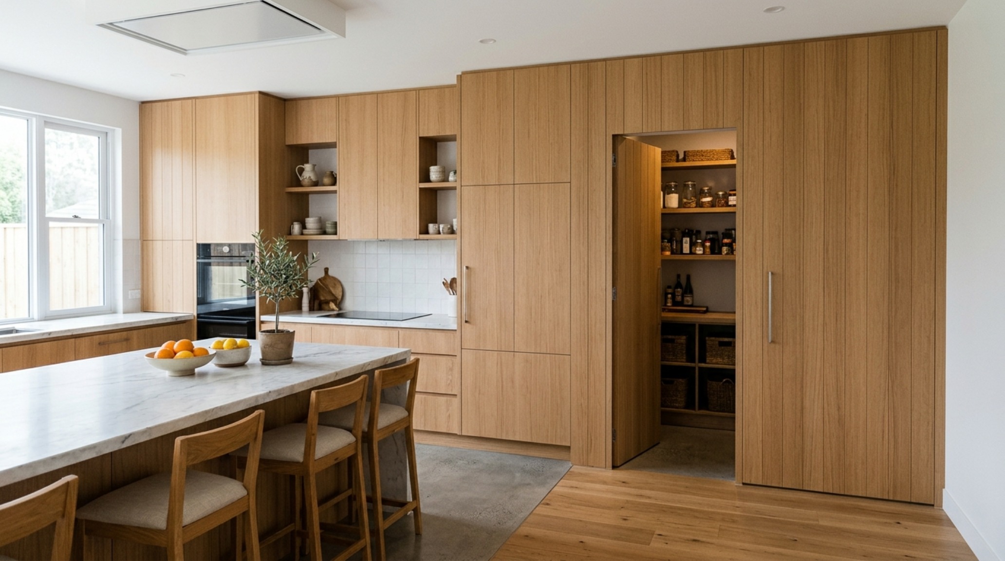 A wide-angle architectural shot of a kitchen-pantry transition, emphasizing sightline alignment, spatial cadence, and contemporary small pantry organization ideas.