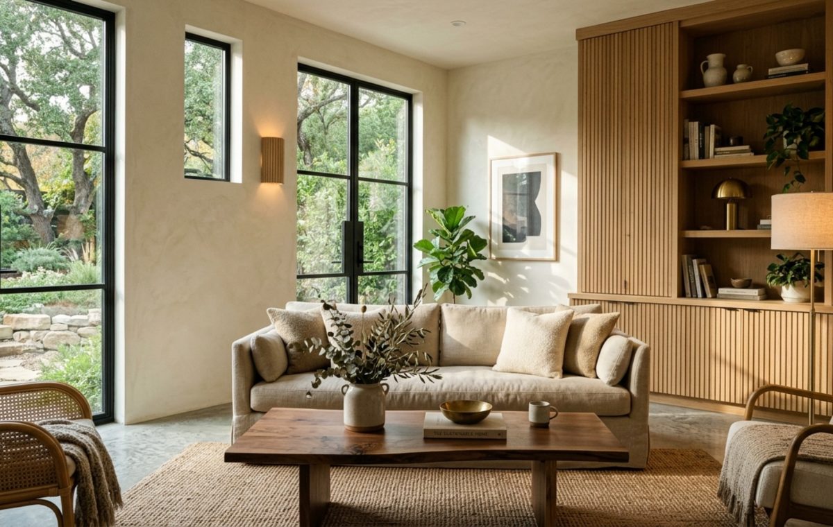 Modern sustainable housing communities ideas featuring a living room with lime-wash walls, fluted white oak cabinetry, and 2700K warm ambient lighting.