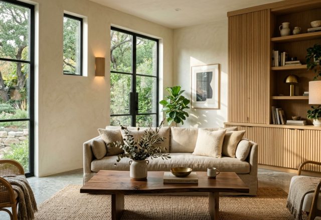 Modern sustainable housing communities ideas featuring a living room with lime-wash walls, fluted white oak cabinetry, and 2700K warm ambient lighting.