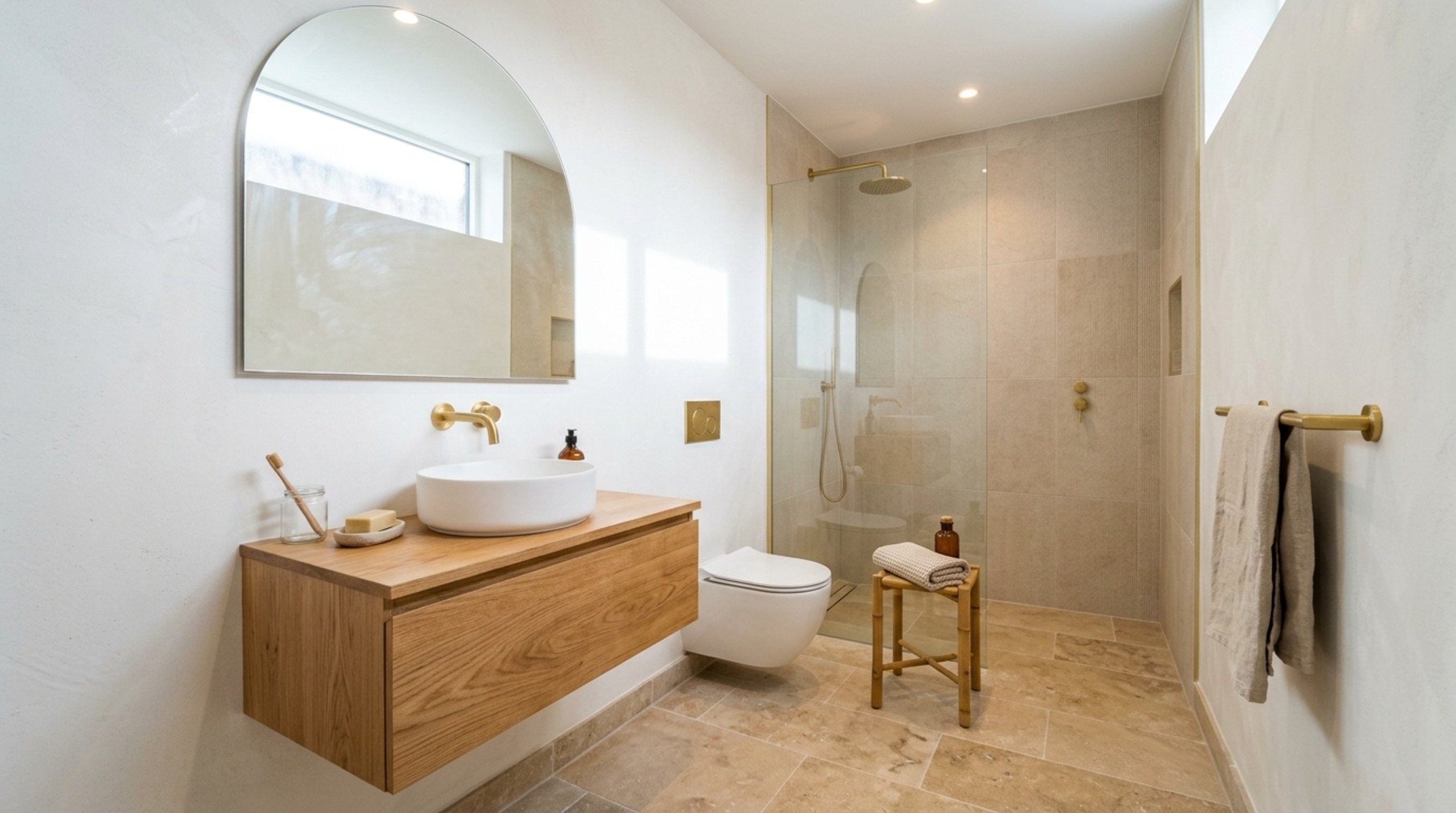 Small space sustainable housing communities solution using wall-mounted vanities and concealed brass waste fittings to maximize floor visibility.