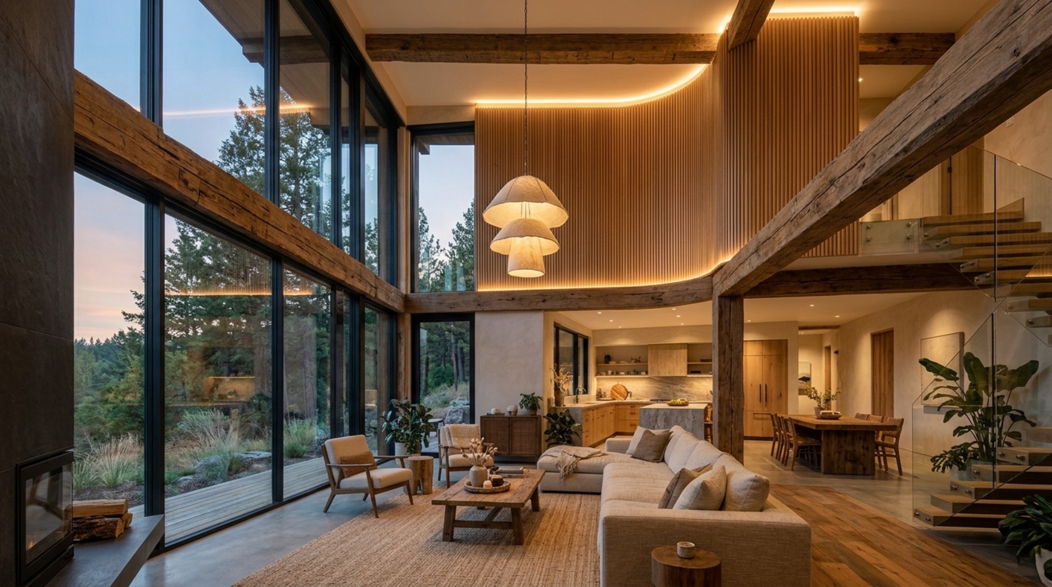 Luxury sustainable housing communities textures featuring fluted wood ceiling panels and reclaimed timber rafters in a double-height living volume.
