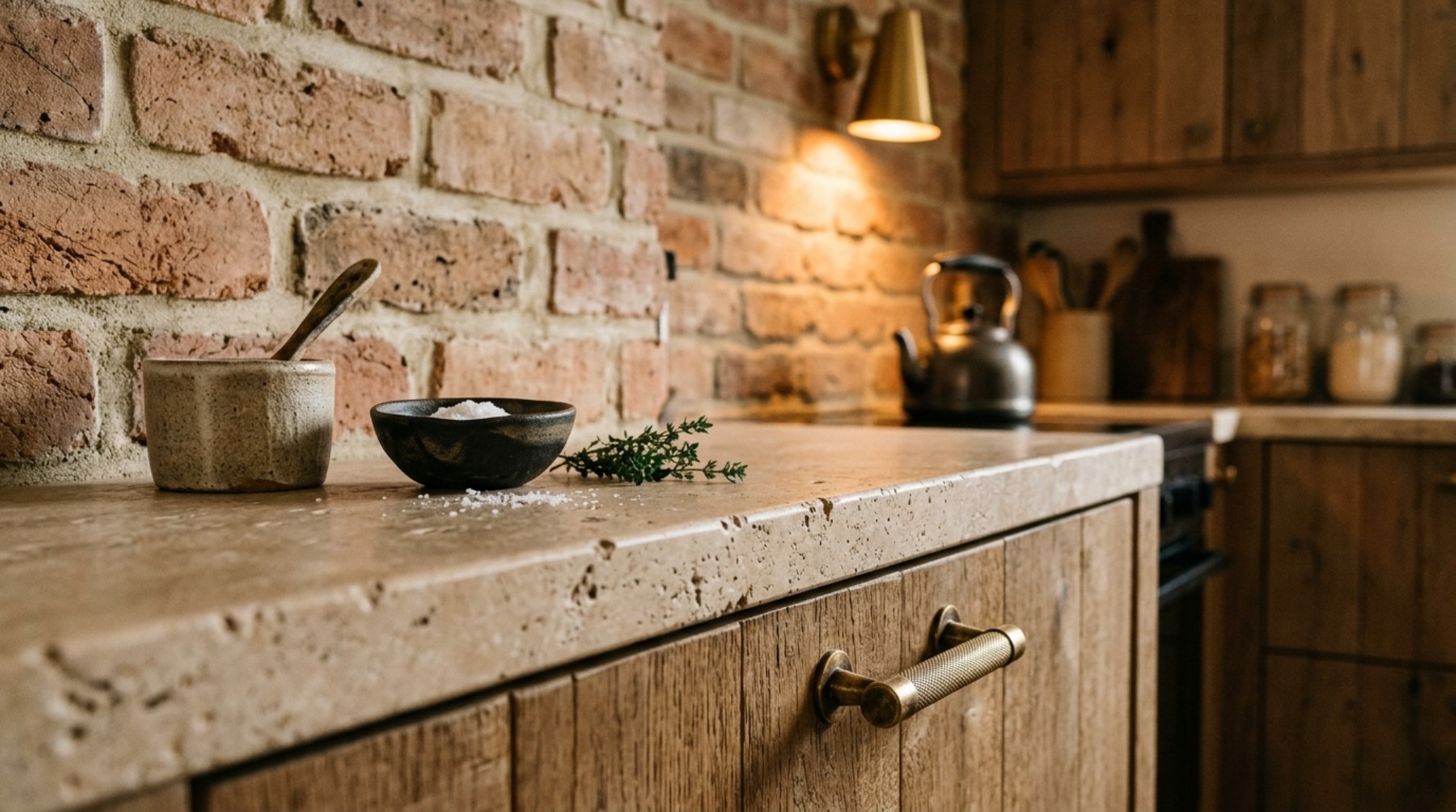 Luxury sustainable housing communities textures including a honed travertine kitchen island and recycled clay brick walls under directional warm sconces.