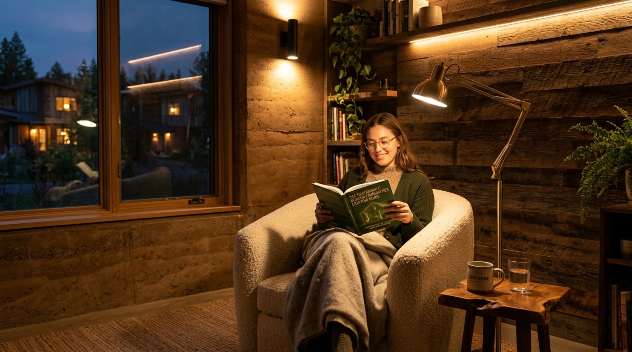 Sustainable housing communities lighting guide demonstration with 3000K task lighting over a reading nook and 2700K integrated LED shadow play.