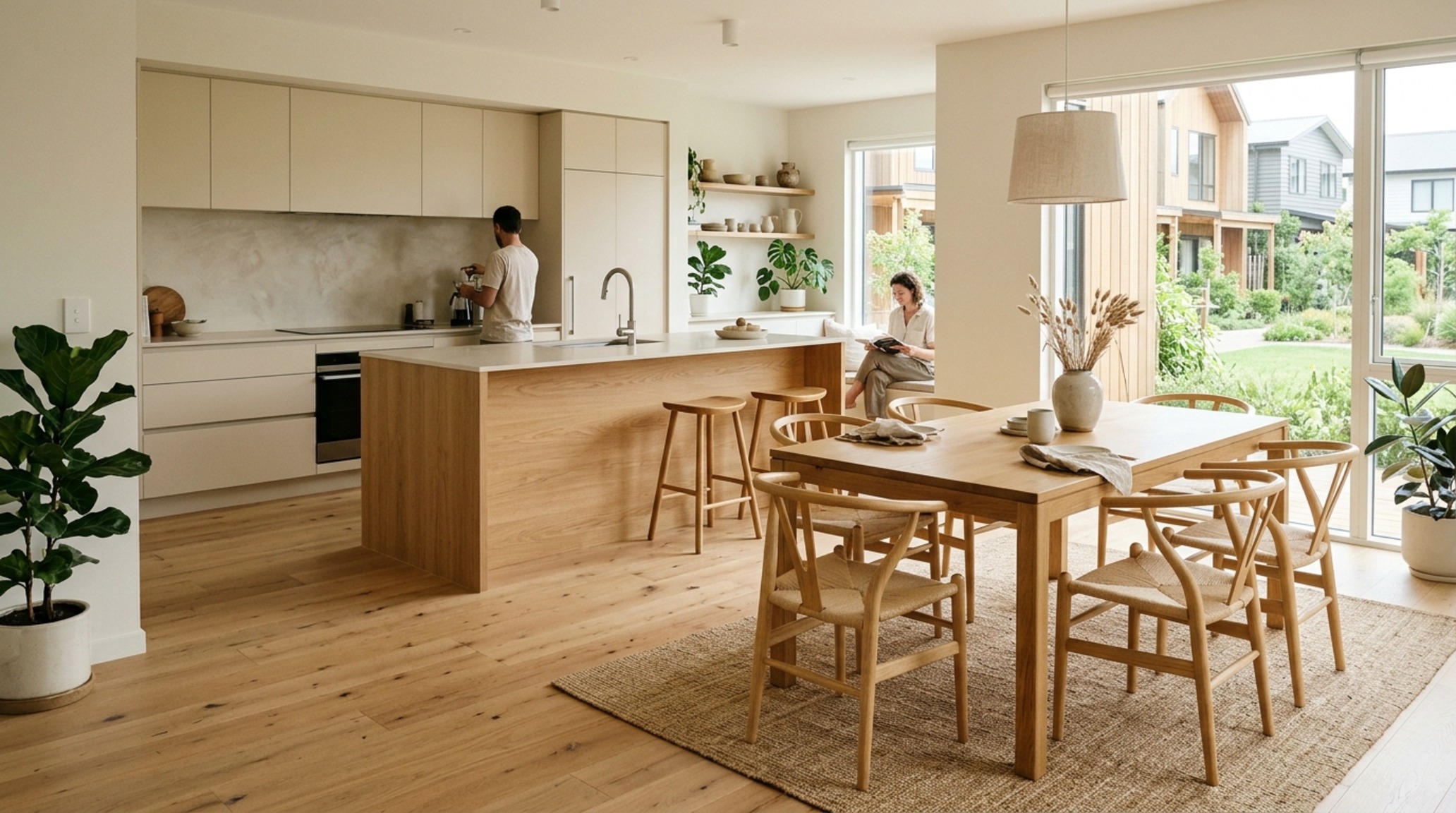 Modern sustainable housing communities ideas for an open-concept kitchen using Benjamin Moore Swiss Coffee paint and wide-plank European oak flooring.