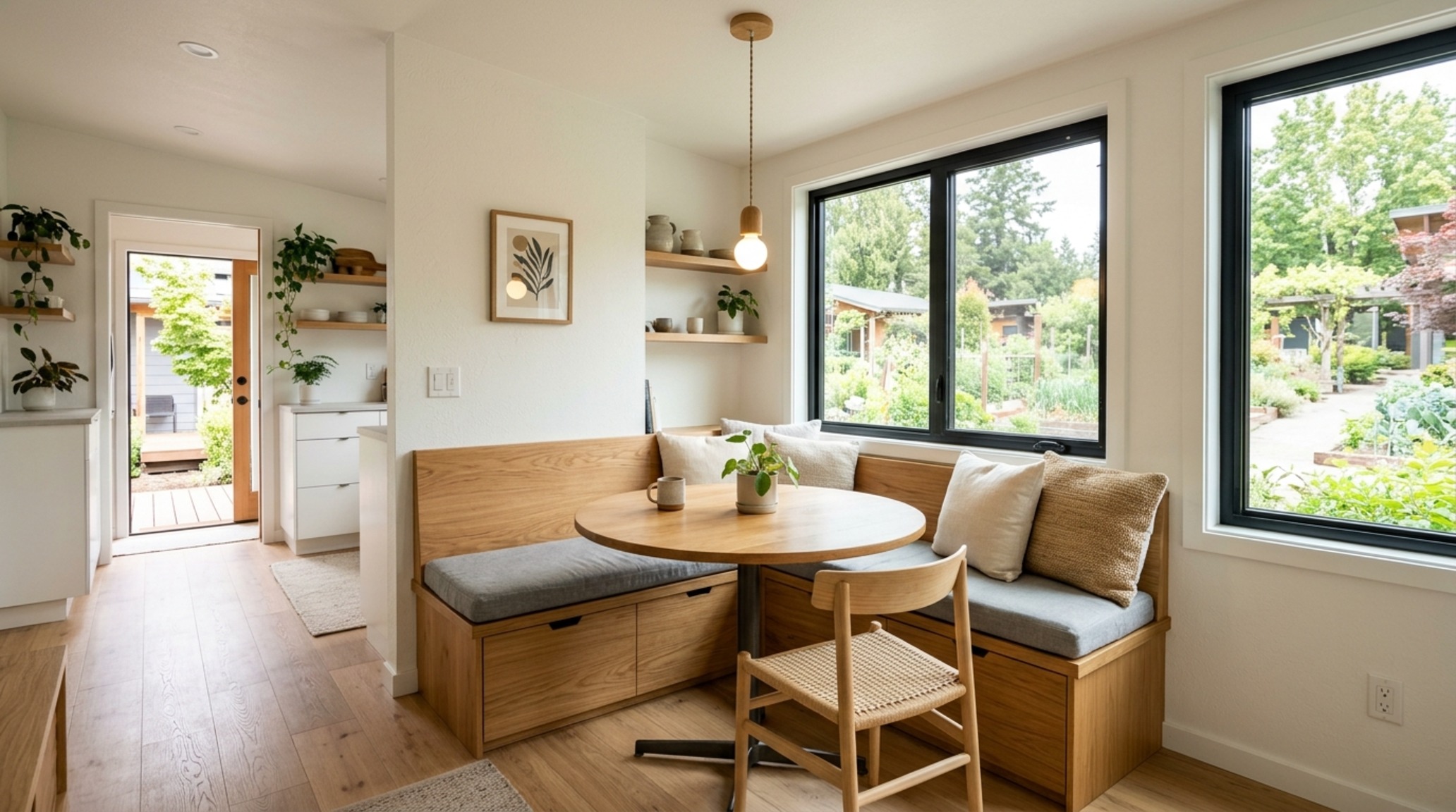 Small space sustainable housing communities design with a built-in dining banquette and 30-inch chair clearance to optimize spatial flow.