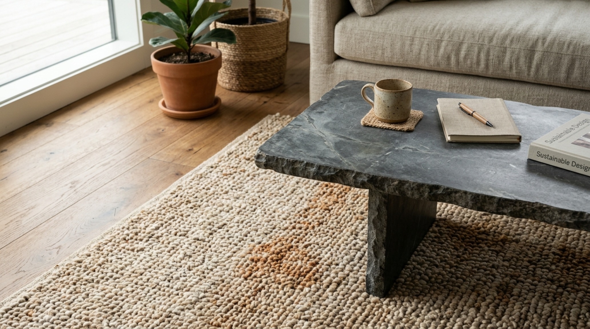 Luxury sustainable housing communities textures showcasing the contrast between a hand-knotted wool rug and a monolithic soapstone coffee table.