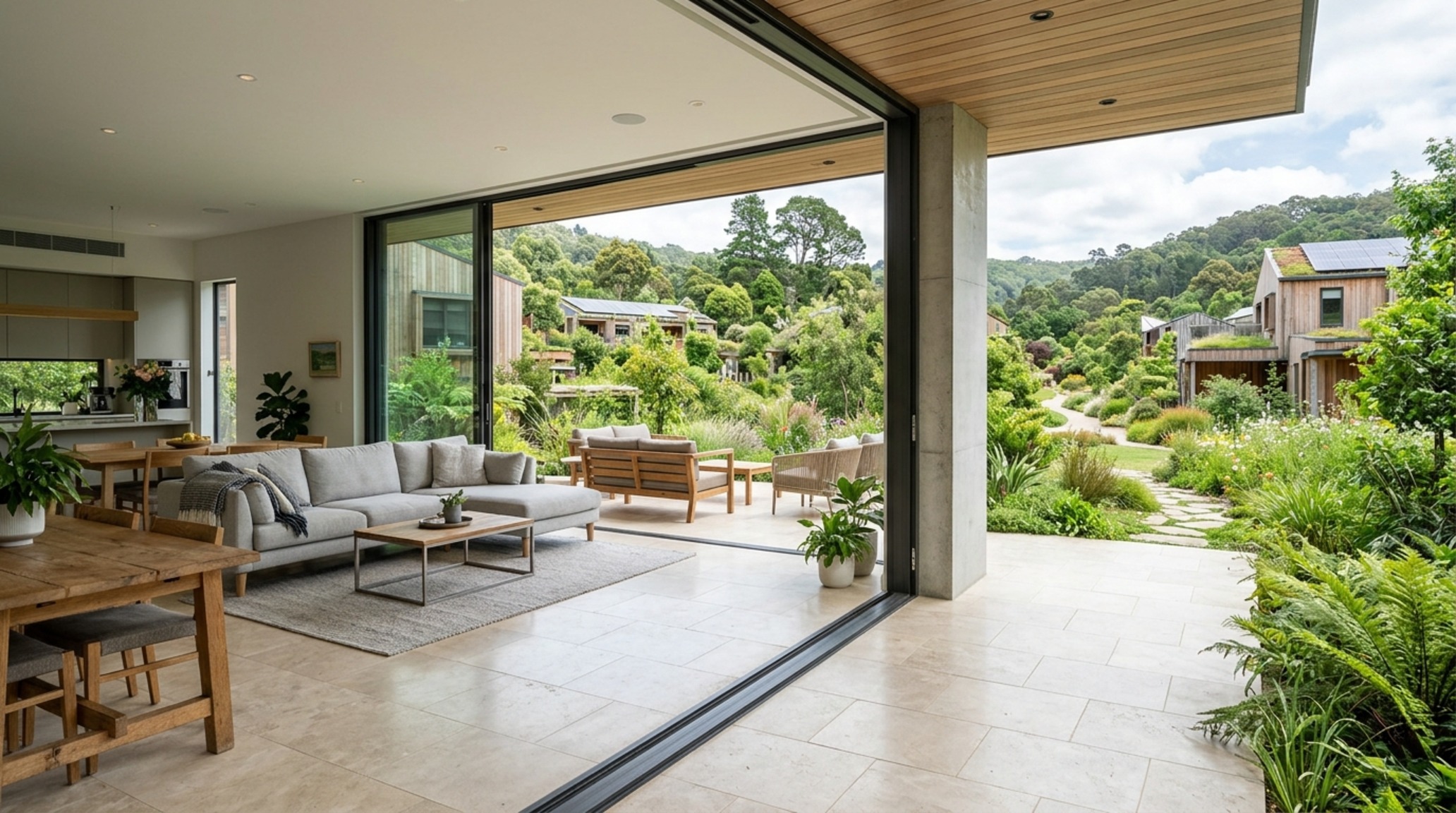 Modern sustainable housing communities ideas for biophilic living with floor-to-ceiling glazing and a seamless stone transition to an outdoor terrace.