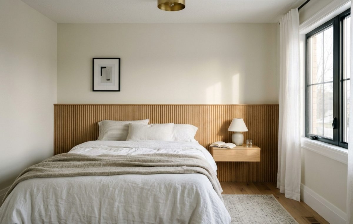 modern teenage girl paint bedroom ideas ideas featuring a matte Swiss Coffee wall finish with fluted white oak headboard and 36-inch walkway clearances