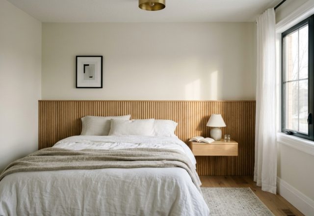 modern teenage girl paint bedroom ideas ideas featuring a matte Swiss Coffee wall finish with fluted white oak headboard and 36-inch walkway clearances