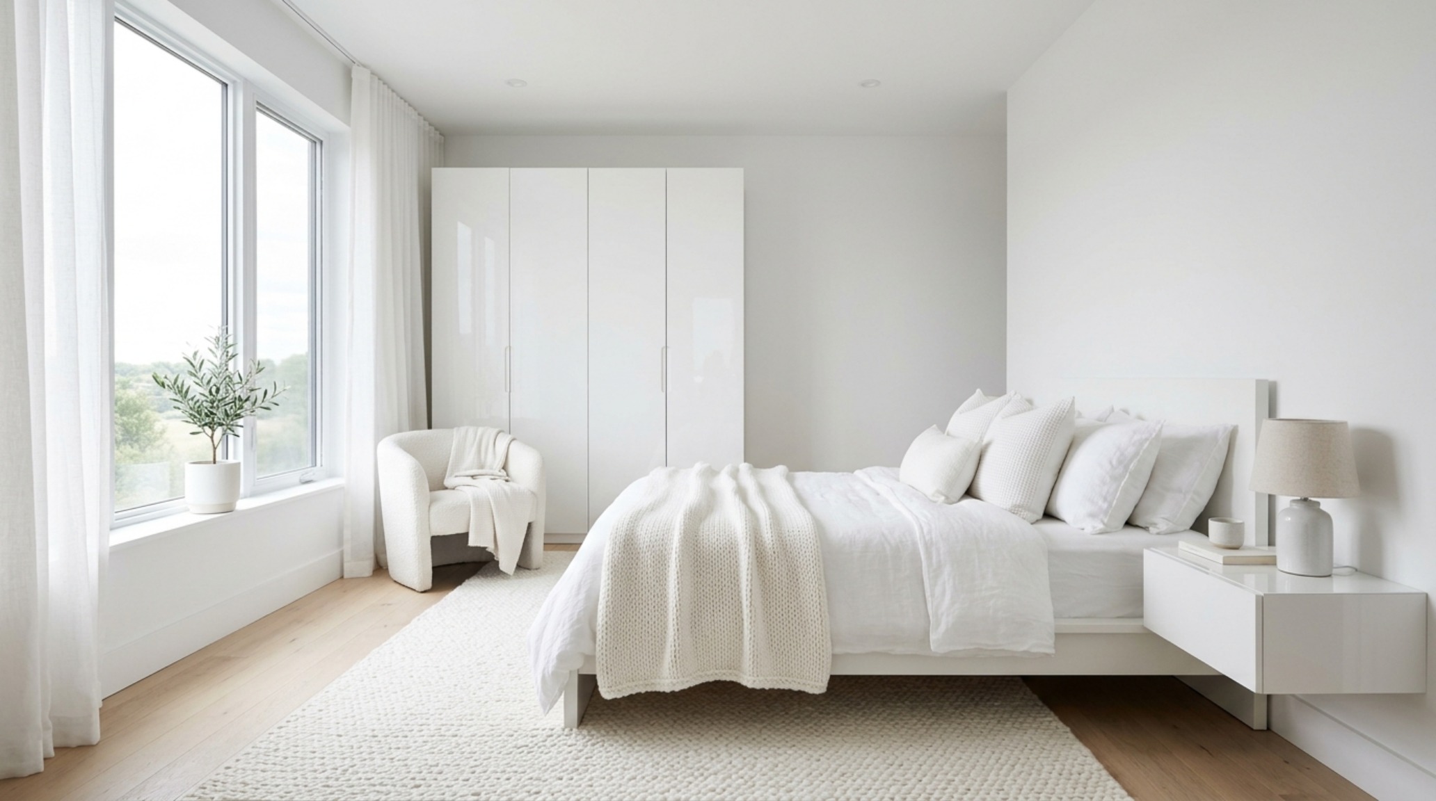 small space teenage girl paint bedroom ideas featuring a minimalist loft bed configuration and reflective off-white satin finishes
