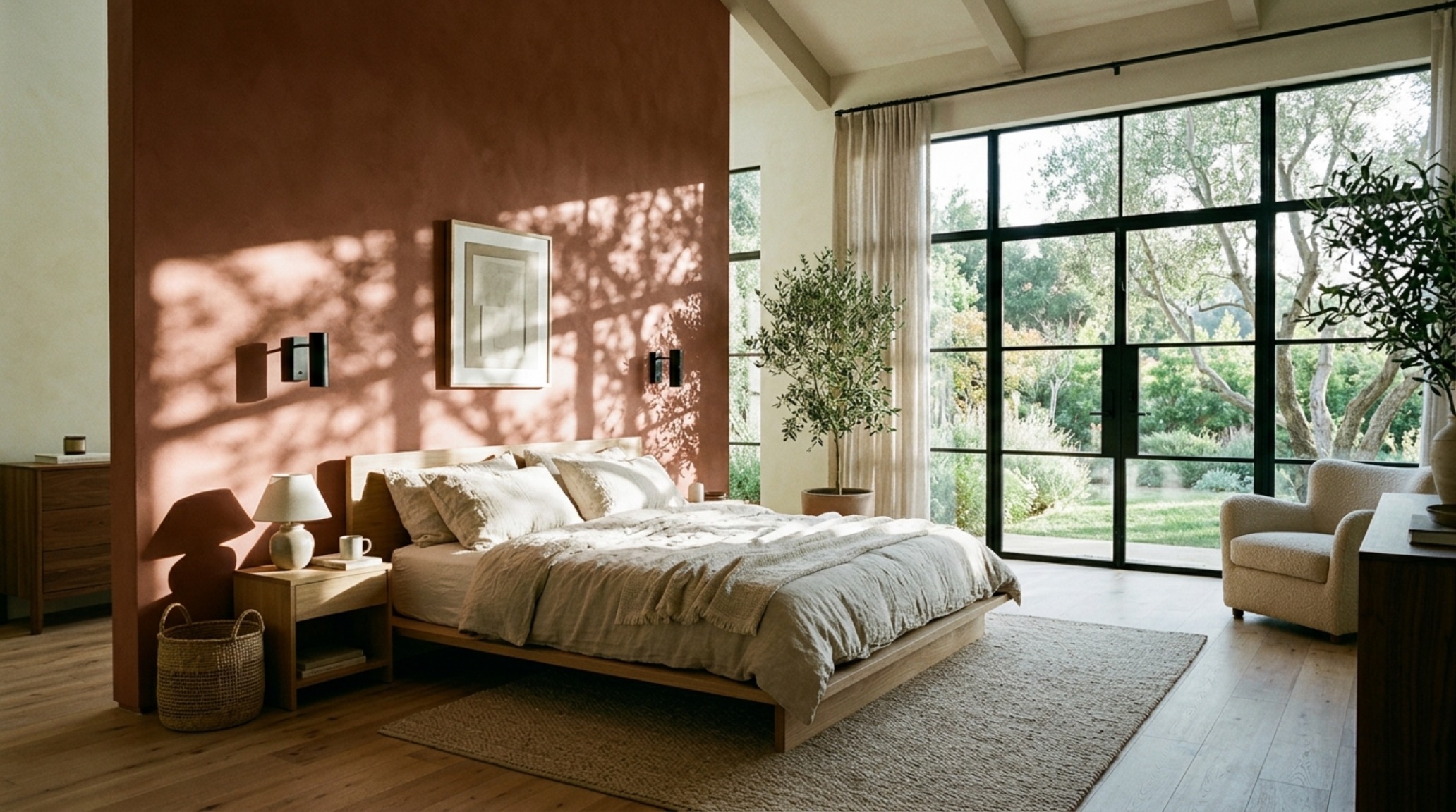 modern teenage girl paint bedroom ideas ideas utilizing negative space and a singular focal wall in a desaturated terracotta