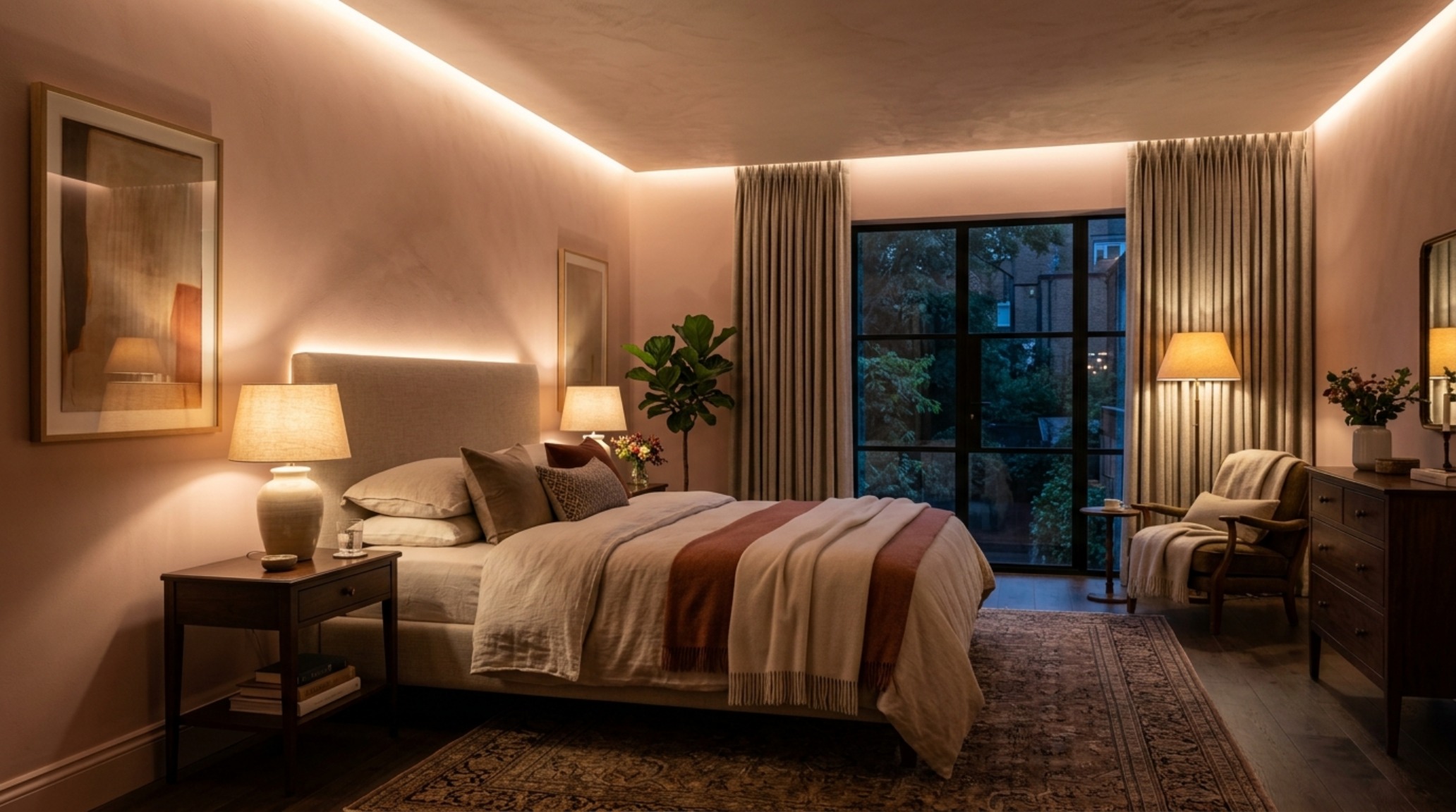 teenage girl paint bedroom ideas lighting guide illustrating 2700K warm ambient lighting against soft blush matte walls