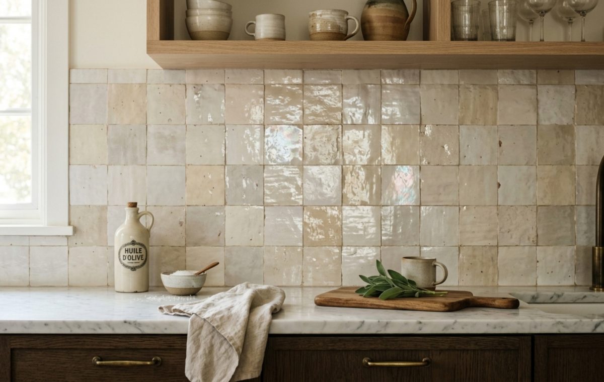 A kitchen backsplash featuring hand-pressed Zellige tiles in a soft oyster hue, showcasing tile trends 2026 decor ideas with organic textures and natural sunlight.