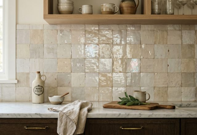 A kitchen backsplash featuring hand-pressed Zellige tiles in a soft oyster hue, showcasing tile trends 2026 decor ideas with organic textures and natural sunlight.