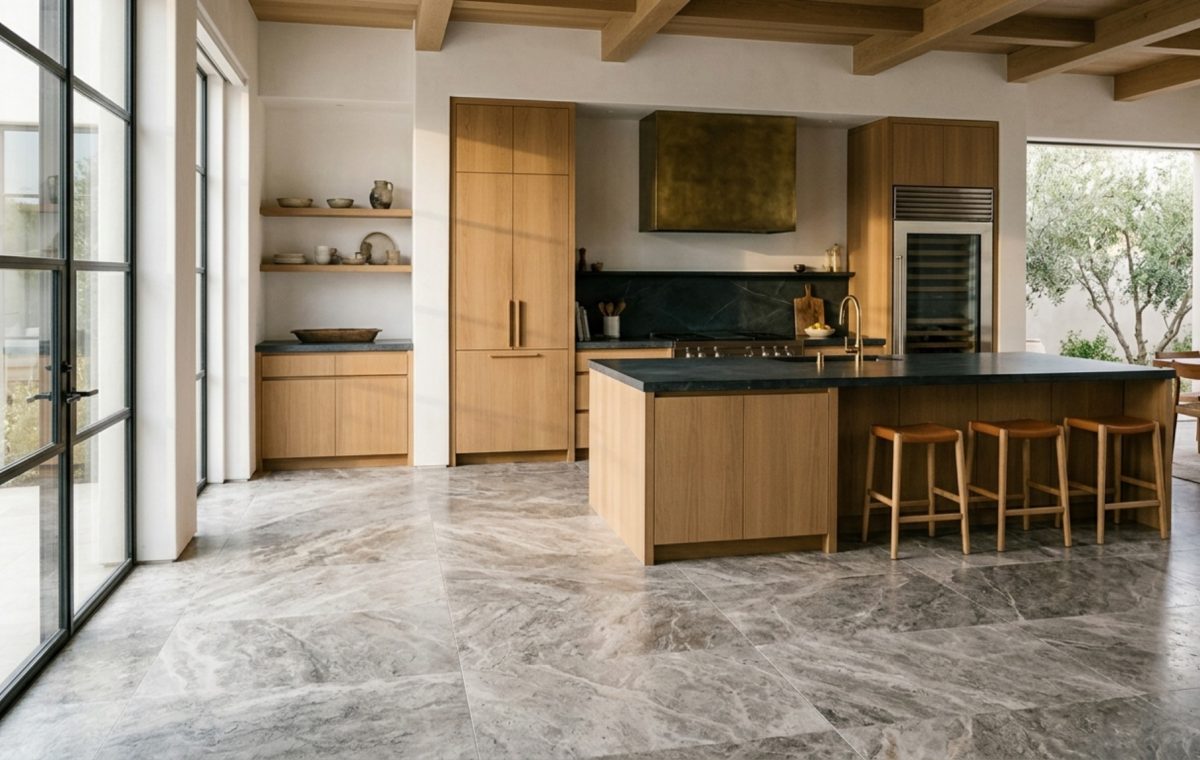 Luxury tile designs for kitchen floors textures featuring large-format honed silver travertine slabs with minimal 1/8-inch grout lines and soft natural sunlight filtering through linen drapes.