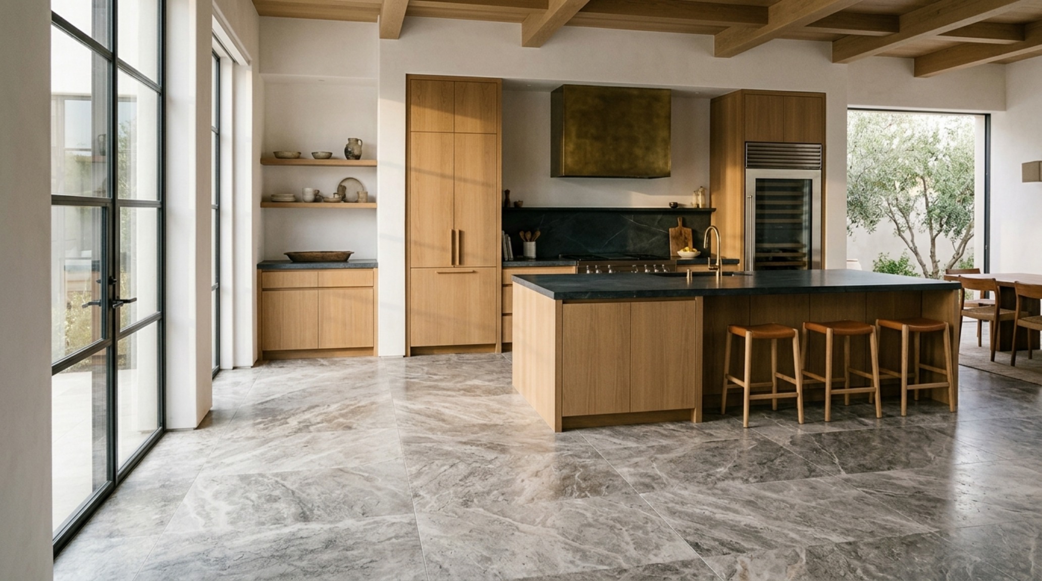 Luxury tile designs for kitchen floors textures featuring large-format honed silver travertine slabs with minimal 1/8-inch grout lines and soft natural sunlight filtering through linen drapes. Luxury tile designs for kitchen floors textures featuring large-format honed silver travertine slabs with minimal 1/8-inch grout lines and soft natural sunlight filtering through linen drapes.