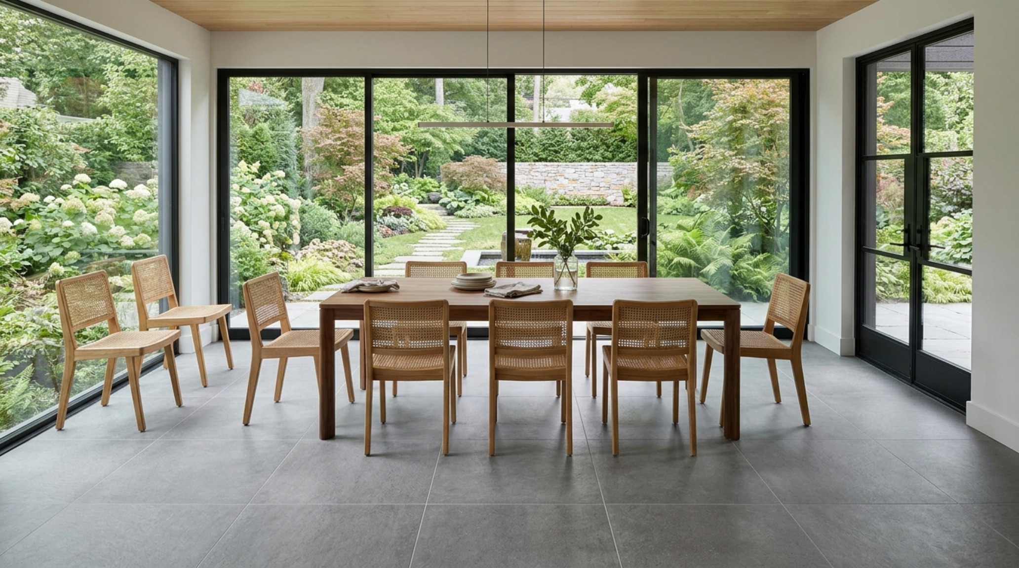 Dining area with oversized matte ceramic floor tiles and 30-inch dining chair clearance for ergonomic luxury and sightline alignment.